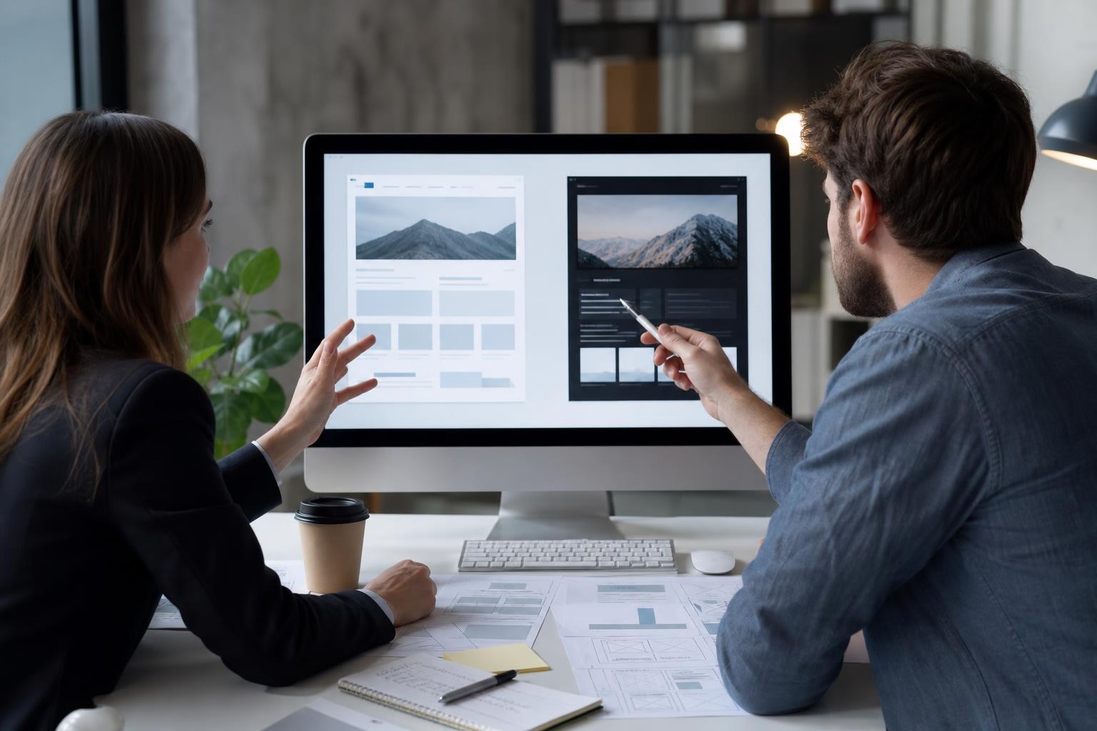 Due persone discutono davanti a un monitor che mostra due layout di sito aziendale affiancati, con appunti e una tazza