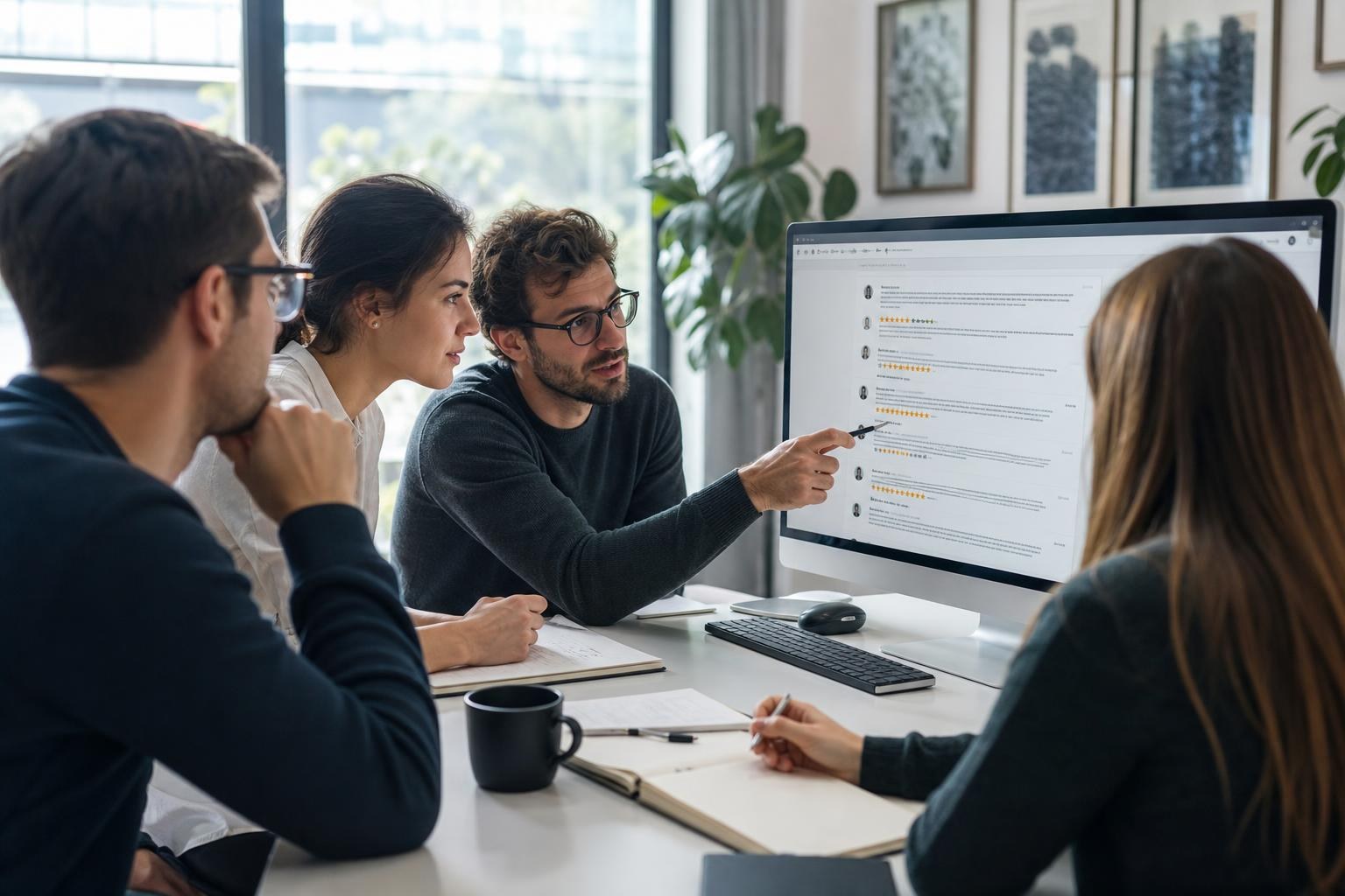 Un gruppo di persone in ufficio esamina recensioni e commenti al computer con espressioni coinvolte alla luce naturale di una grande finestra.