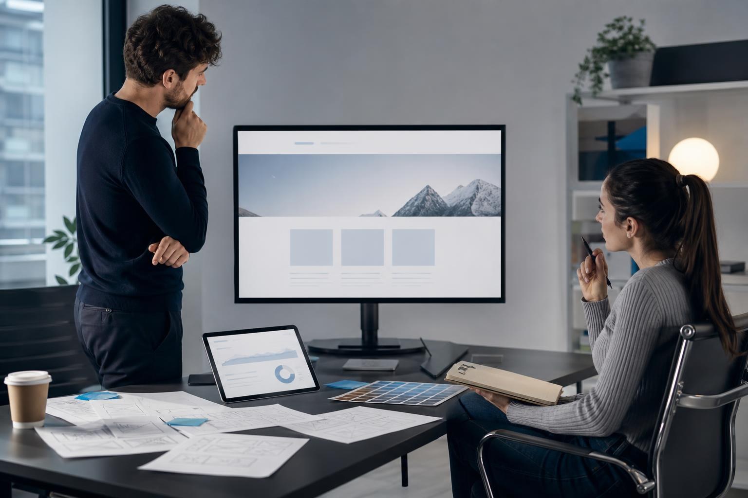 Due persone in ufficio moderno osservano un monitor che mostra una homepage elegante ma inutilizzata, con appunti sparsi e un tablet con dati di engagement sul tavolo