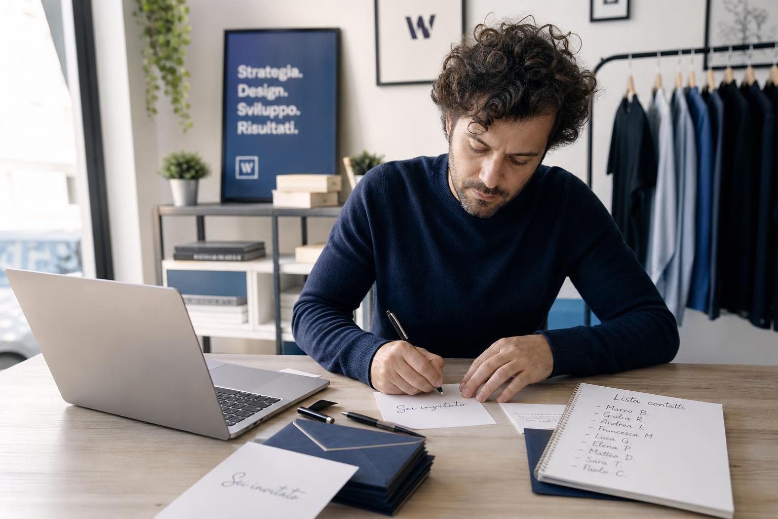 Piccolo imprenditore italiano prepara inviti personalizzati seduto al tavolo con laptop e appunti