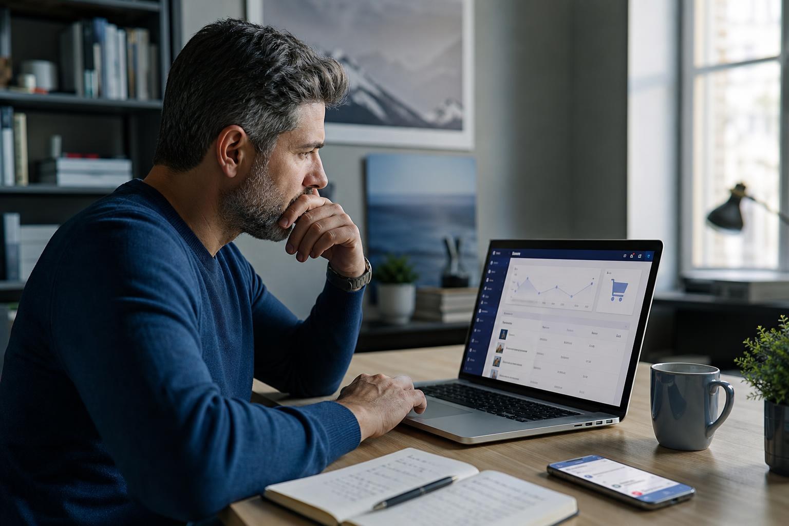 Piccolo imprenditore italiano seduto alla scrivania che osserva pensieroso il laptop con dashboard e-commerce Joomla, taccuino, caffè e smartphone senza notifiche di vendita