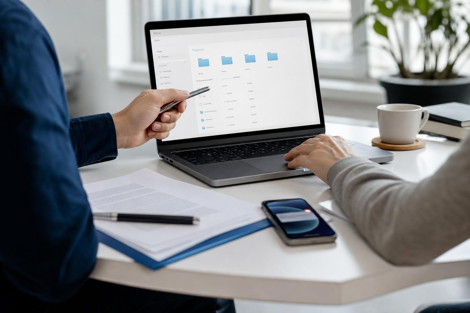 Due persone consultano insieme una dashboard con cartelle digitali e documenti su un portatile, con uno smartphone e una tazza su una scrivania in ufficio.