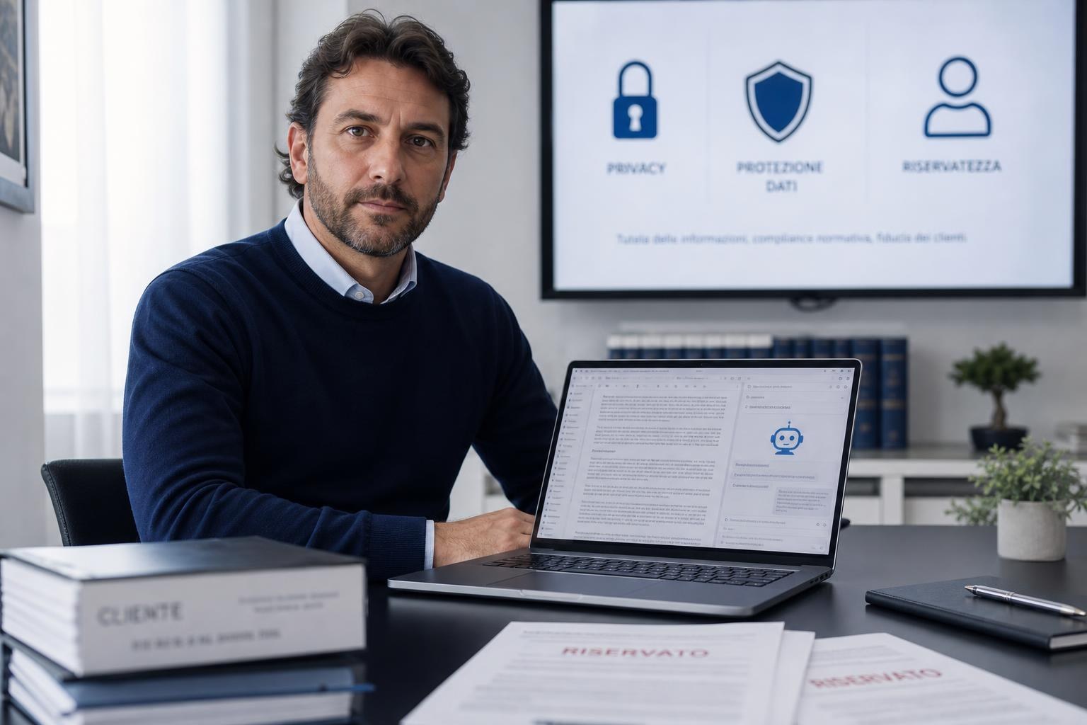 Professionista italiano seduto a una scrivania moderna, con laptop aperto su un documento e interfaccia AI, accanto a documenti riservati e simboli di privacy in un ufficio piccolo