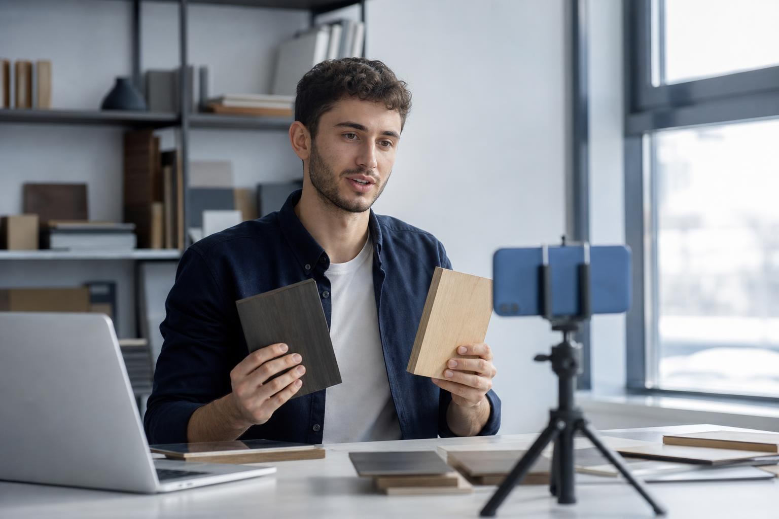 giovane professionista italiano registra un video con lo smartphone su un tavolo con campioni di legno e laptop alla luce naturale di una finestra