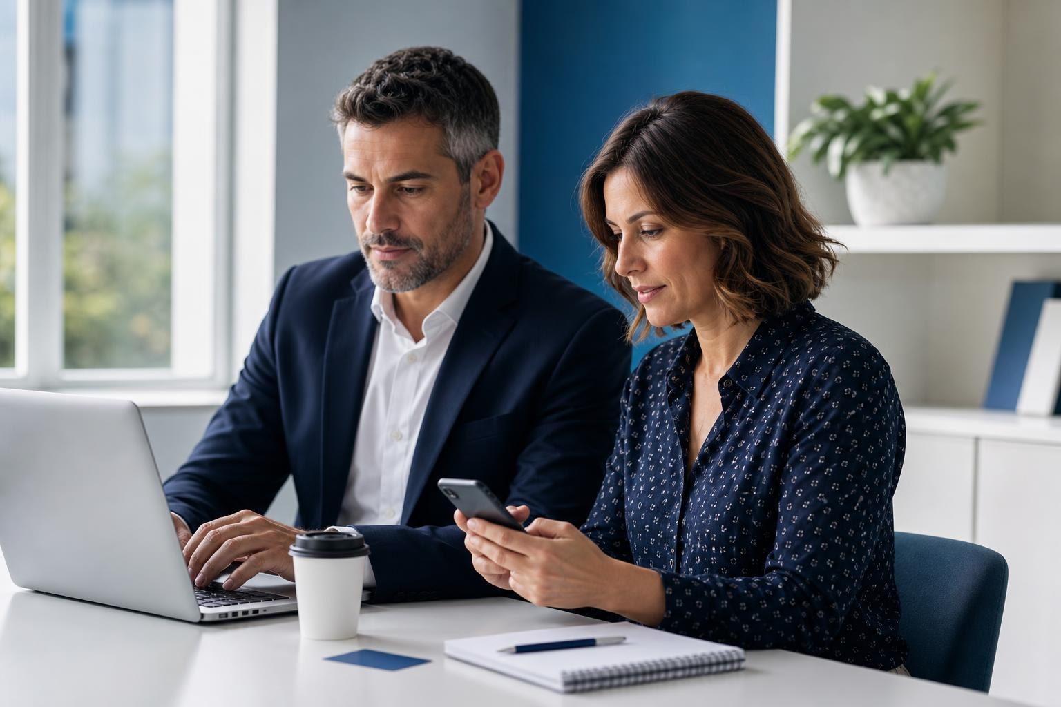 Due professionisti in ufficio lavorano insieme per coordinare informazioni aziendali con laptop, smartphone e taccuino su un tavolo.