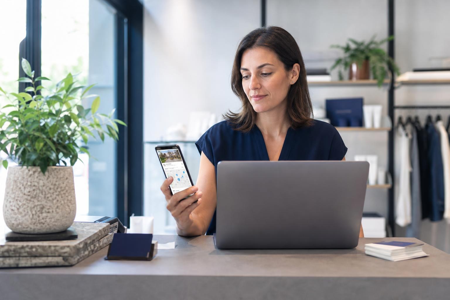 Receptionist in un negozio moderno controlla una scheda Google Business su smartphone, ambiente ordinato e nessun cliente visibile