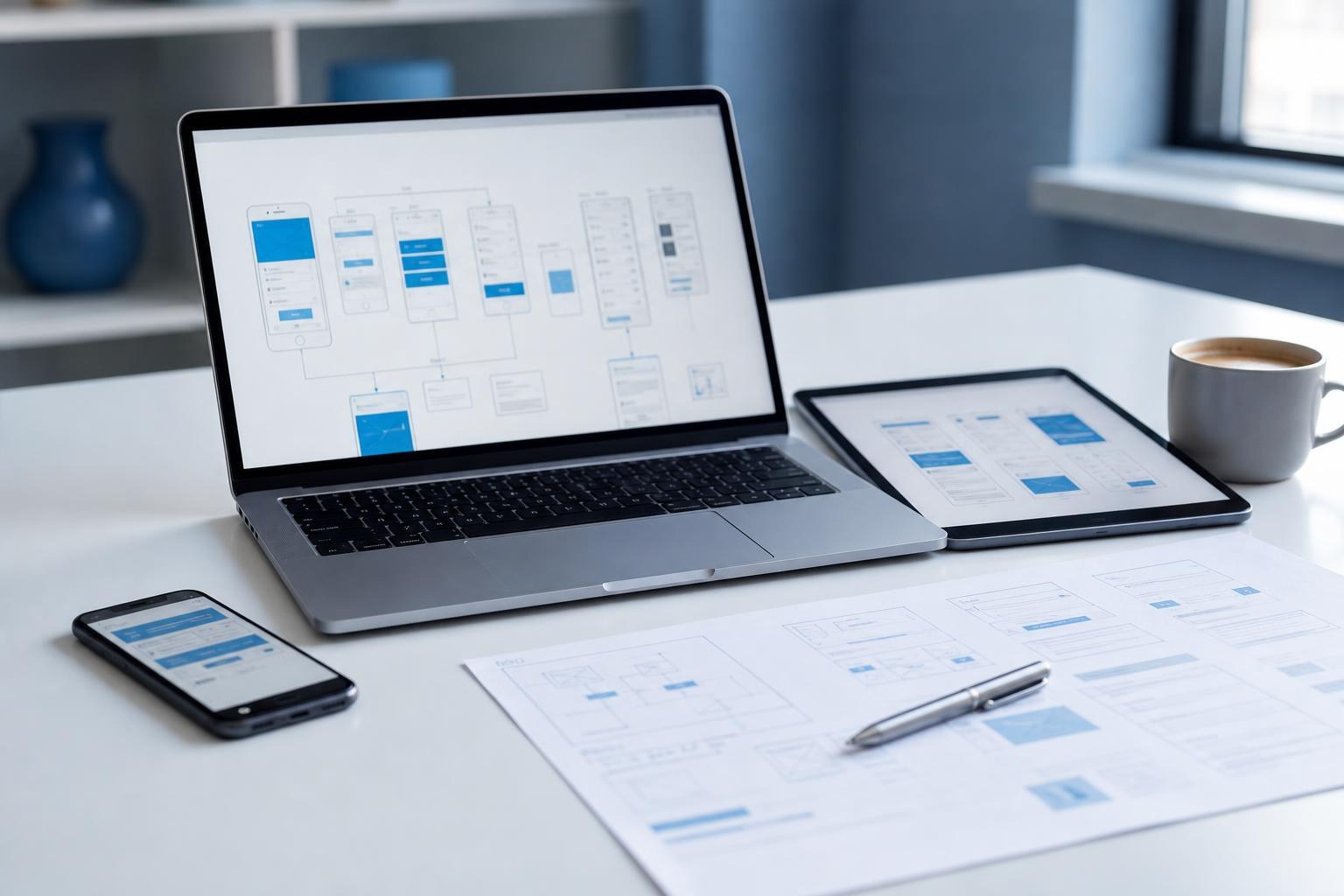 Wireframe di un'app visualizzati su laptop, tablet e smartphone accanto a schemi stampati