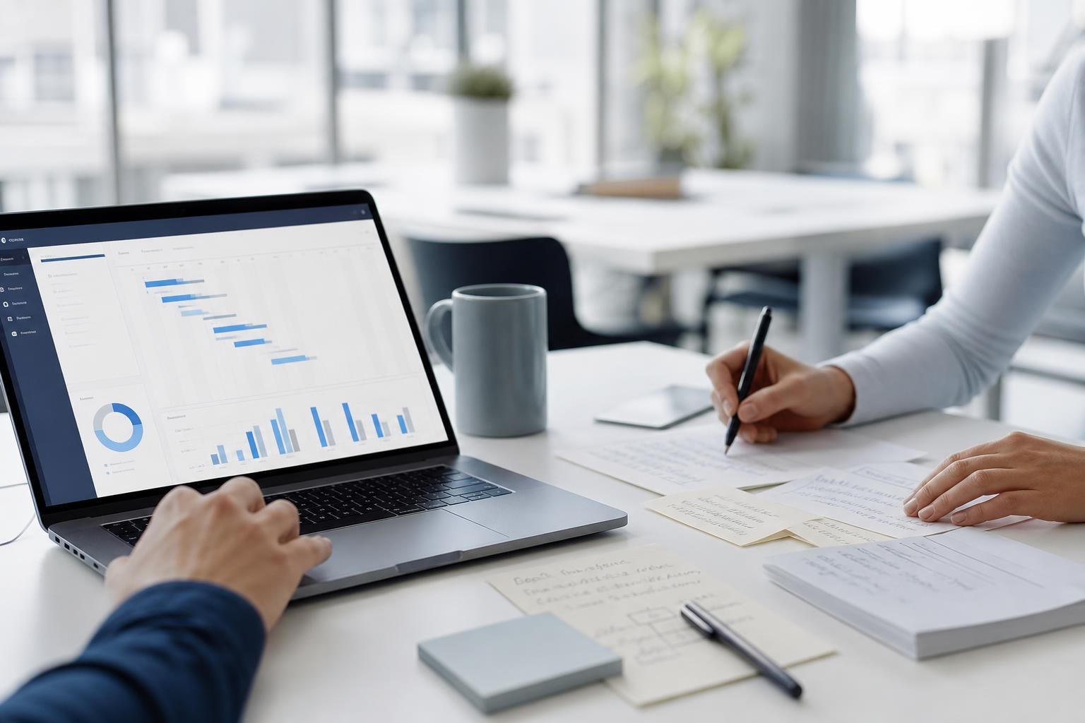 Scrivania moderna con laptop acceso, carte con appunti, mani operative e luce naturale in ufficio