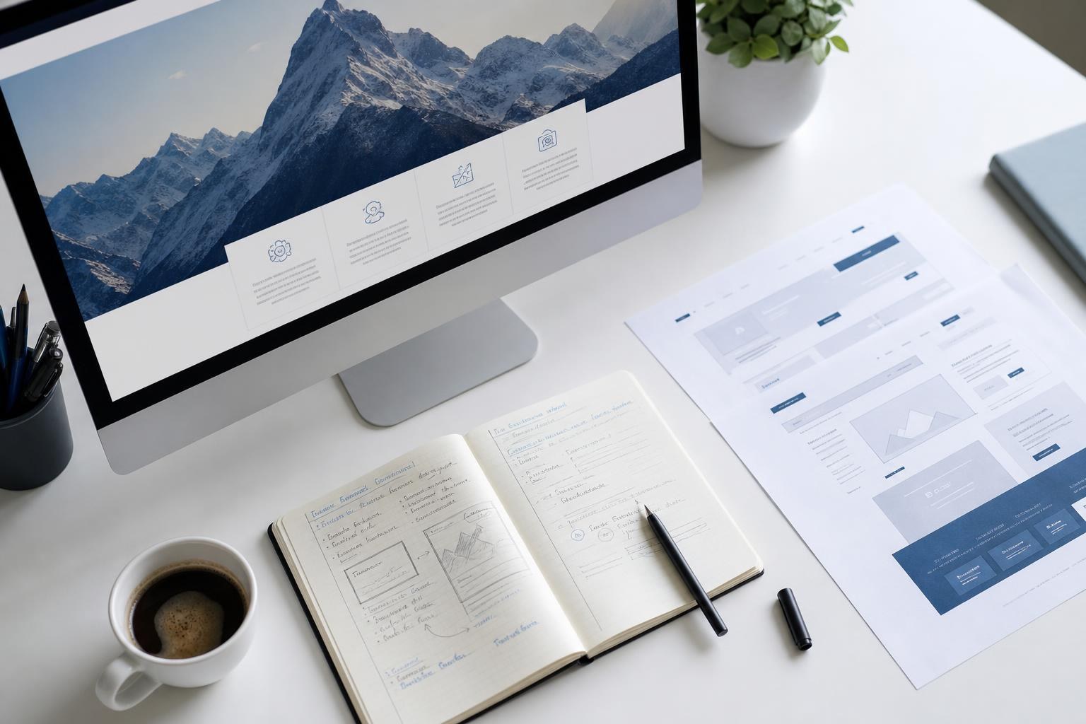 Scrivania moderna con computer che mostra la bozza di un sito web, blocco appunti scritto a mano