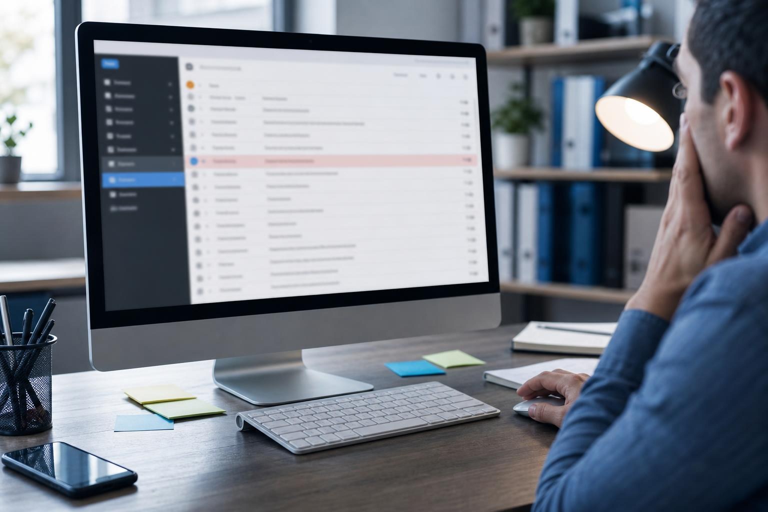 Una scrivania moderna con un computer mostra l'email finita nella cartella spam, mentre una mano al mouse evidenzia la sorpresa; ci sono anche smartphone e post-it sul tavolo.