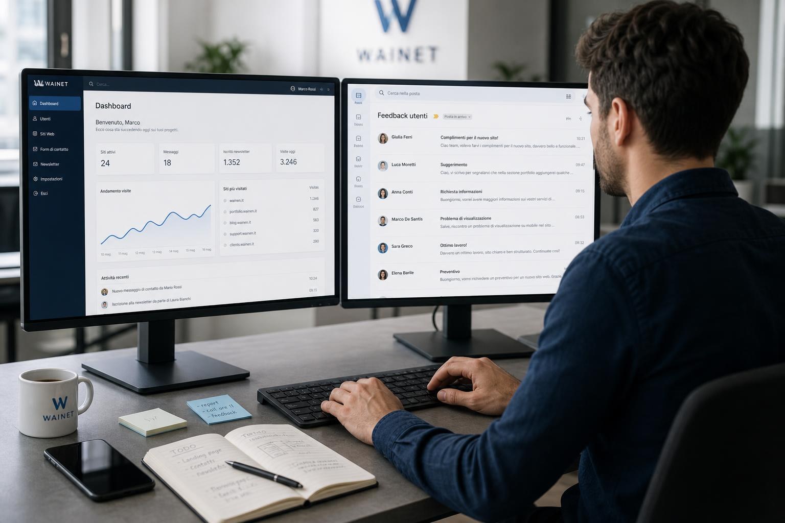 Giovane professionista alla scrivania con due monitor, uno mostra una dashboard di web app e l'altro feedback utente, telefono e taccuino aperto.