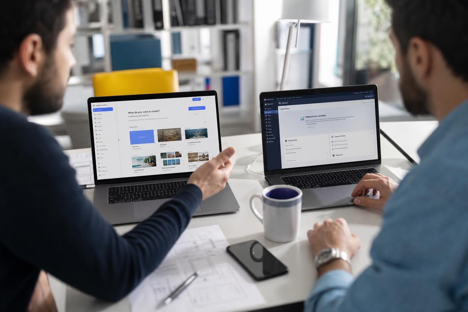 Due sviluppatori confrontano il builder AI su un laptop e il backend Joomla o WordPress su un altro su una scrivania, con carte, tazza di caffè e smartphone