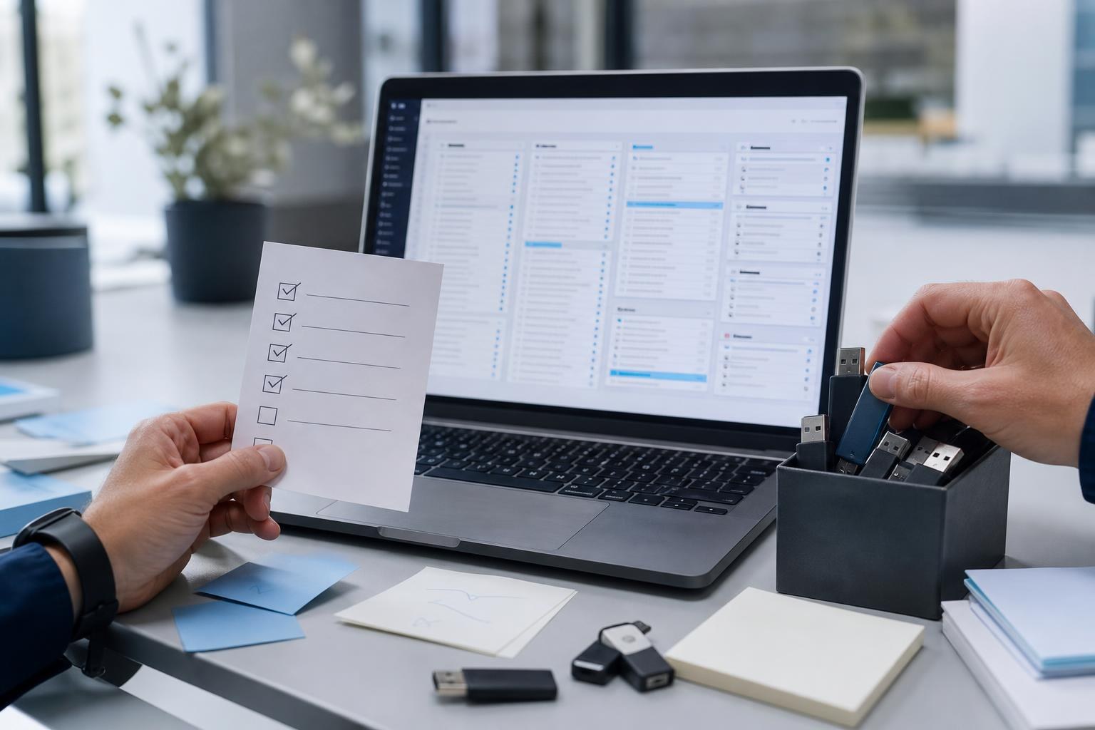 Scrivania moderna con laptop aperto su pannello admin affollato, checklist a mano, note adesive, chiavette inutilizzate raccolte da una seconda mano, ambiente di lavoro ordinato.