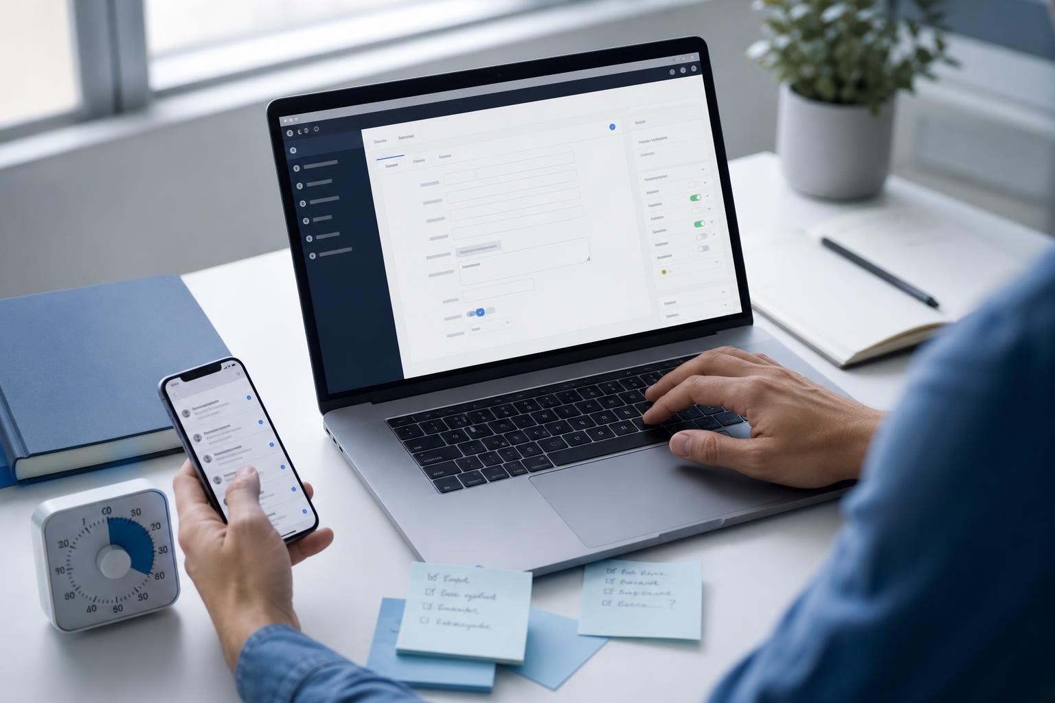Scrivania con laptop aperto su CMS, una mano modifica un campo, sticky note con promemoria, smartphone con notifiche e un timer da scrivania