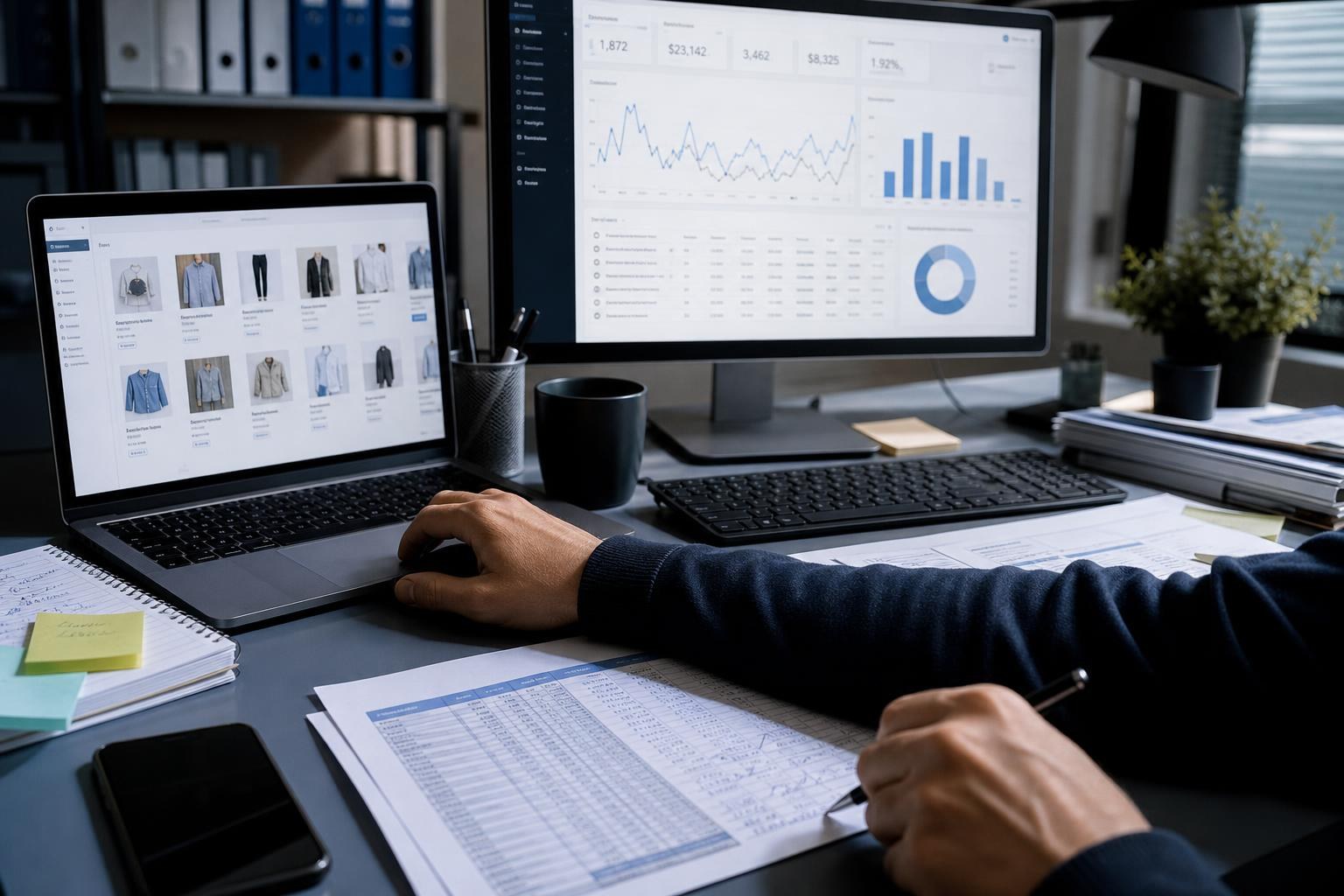 Scrivania moderna con laptop su dashboard e-commerce, monitor con gestionale, foglio Excel annotato e mano che corregge appunti