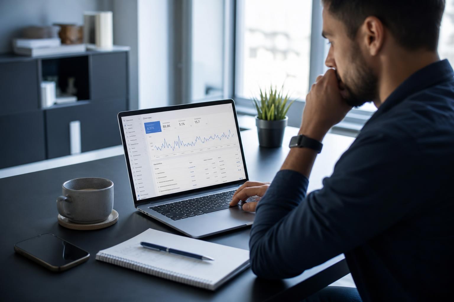 Professionista al desk che analizza dati di Google Search Console su laptop, con penna, blocco note, caffè e smartphone