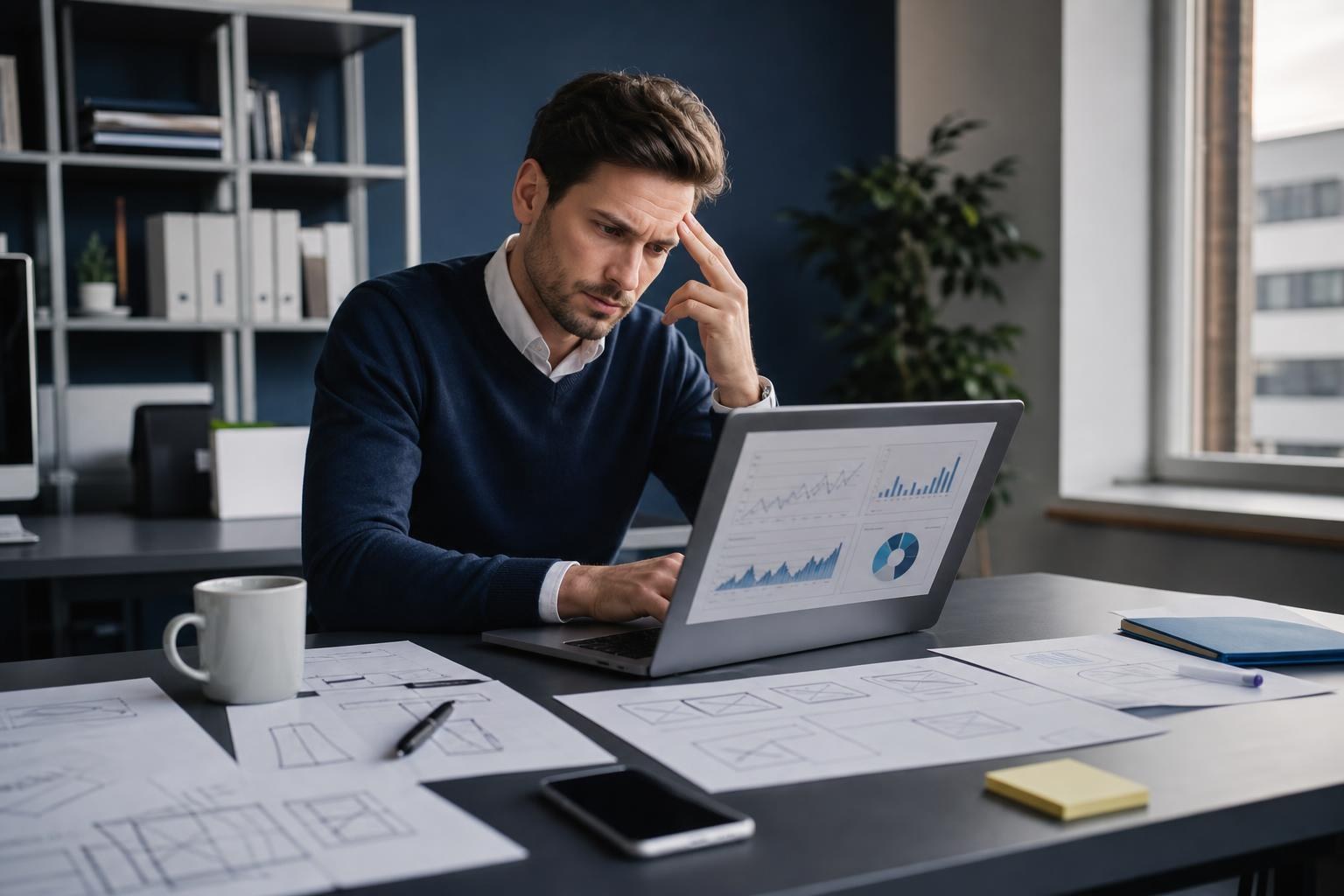 Uomo in abbigliamento informale osserva perplesso i dati del sito sul laptop, appunti e grafici sparsi su una scrivania moderna