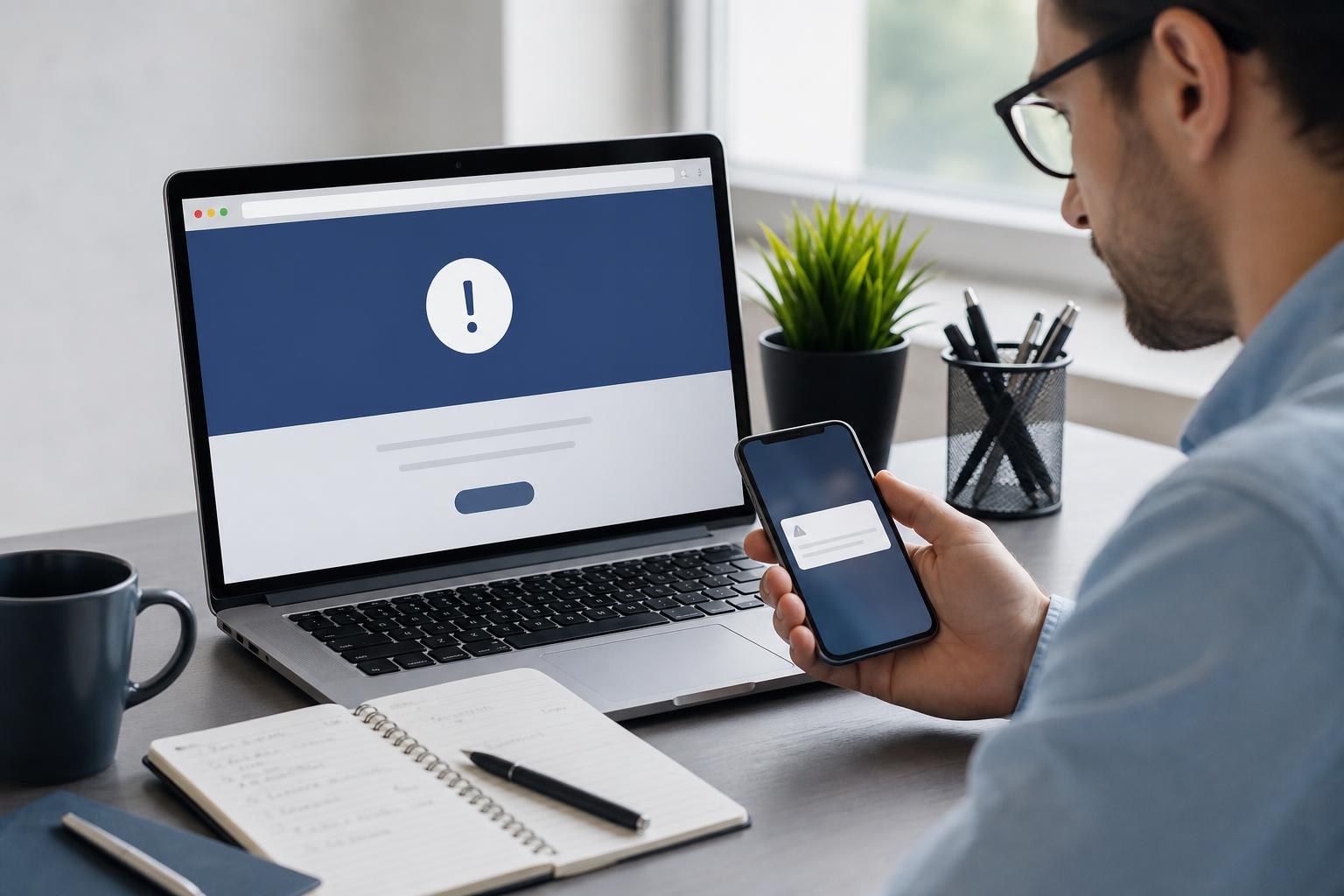 Scrivania con laptop che mostra una pagina di errore sito, smartphone con avviso di notifica, blocco note e persona che controlla il telefono.