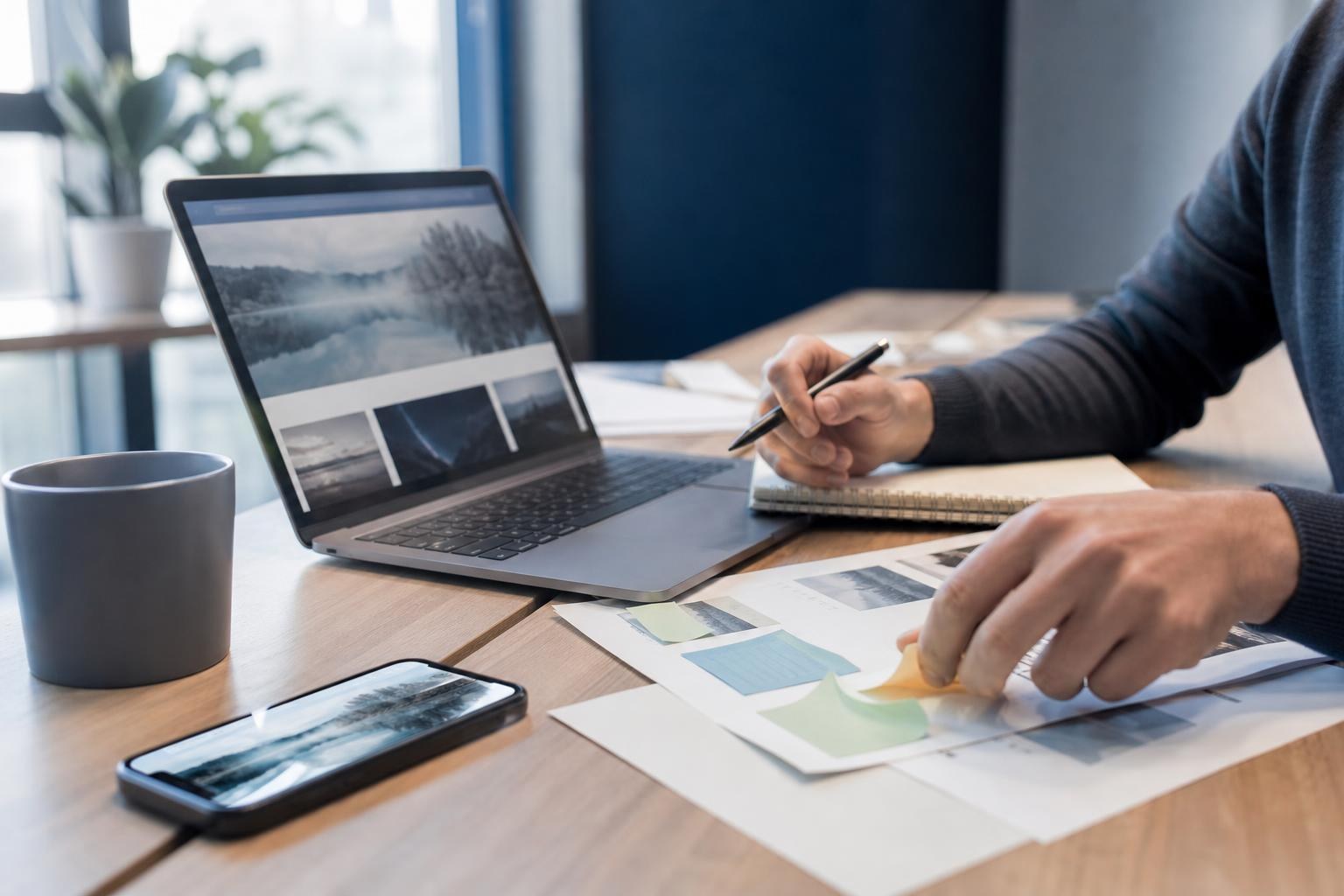Scrivania moderna con laptop aperto su progetto web, mano che sistema appunti su carta, tazza, notebook e smartphone con pagina web