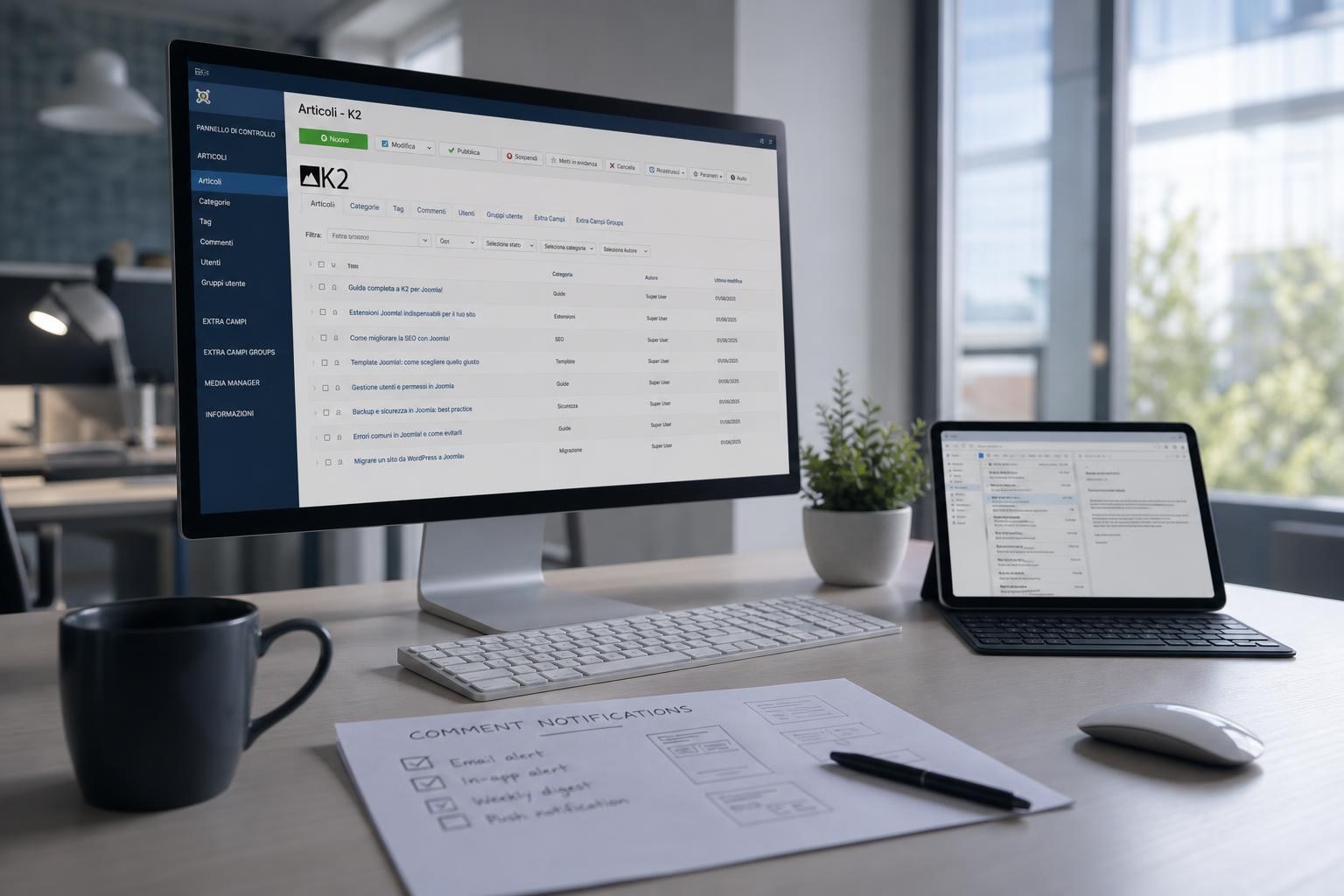 Scrivania moderna con monitor acceso su Joomla K2, tablet con casella email, tazza di caffè e appunti a mano