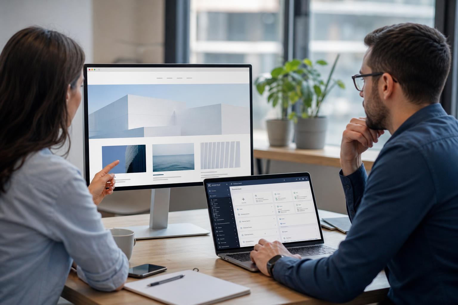 Due professionisti lavorano a una scrivania, uno mostra il monitor con un sito statico e l'altro usa un portatile con la dashboard di Joomla, sulla scrivania ci sono notebook, caff