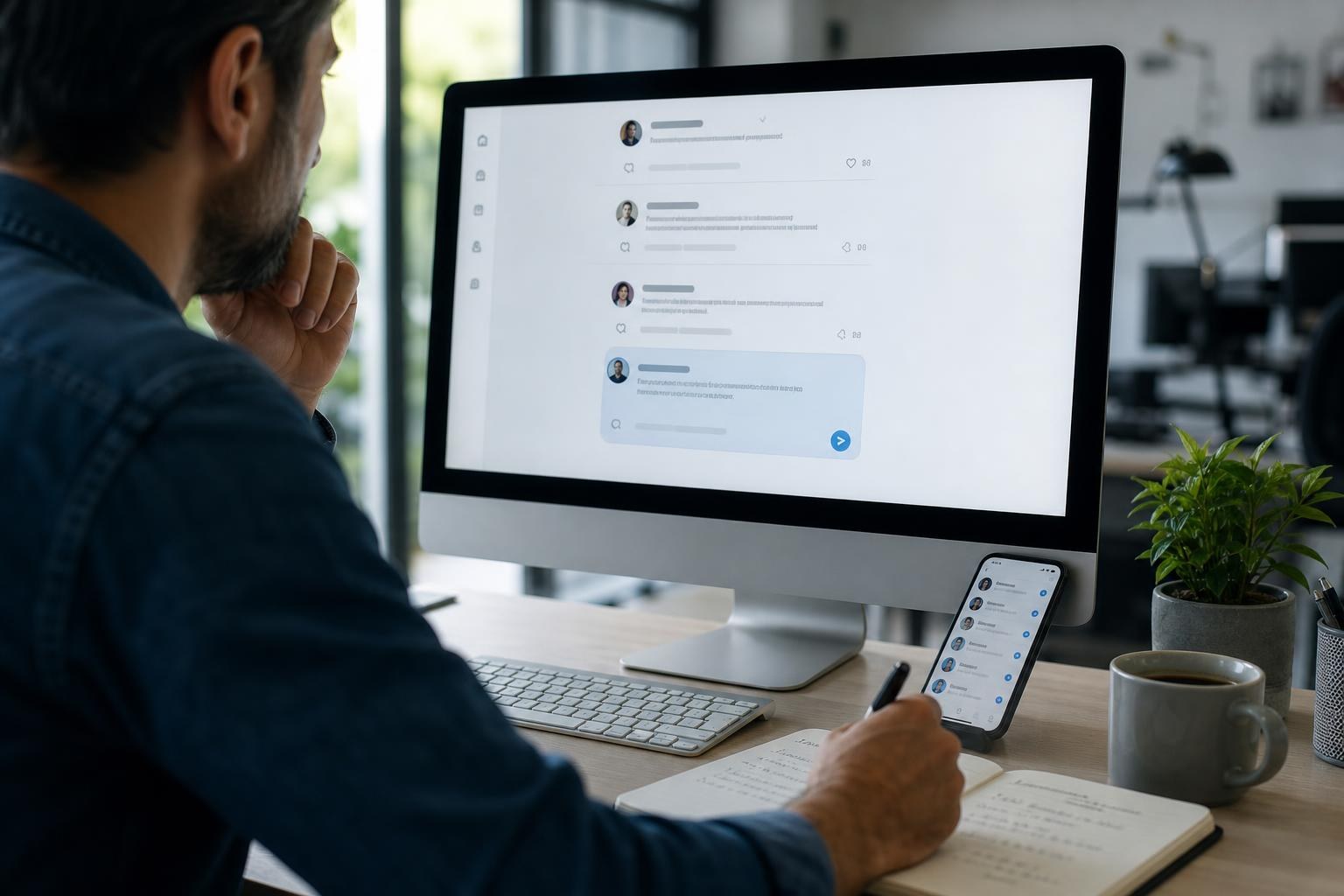Scrivania con monitor che mostra commenti social, persona che scrive una risposta personalizzata, smartphone accanto, tazza e notes