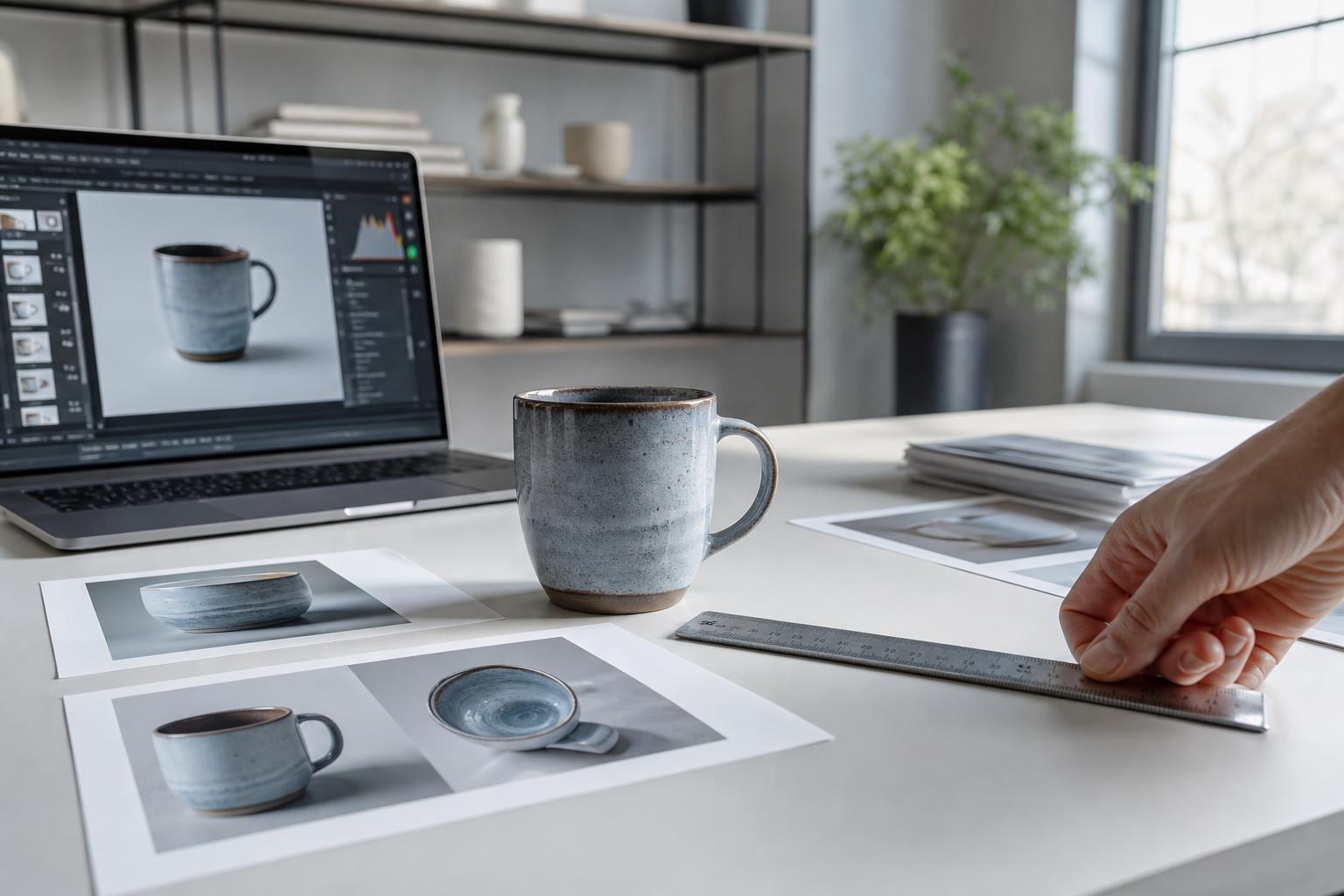 Una scrivania moderna con tazza su sfondo neutro, foto stampate che mostrano dettagli e texture, una mano posiziona un righello accanto al prodotto e un laptop acceso, illuminati d