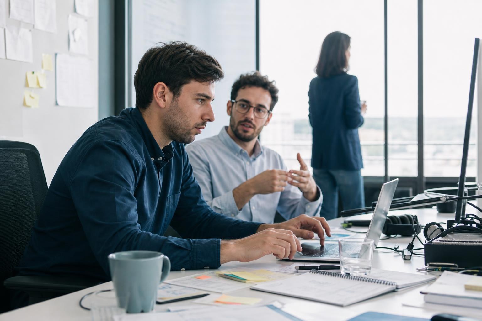 Scrivania con laptop acceso, tazza di caffè, fogli sparsi e un team di tre persone che collaborano