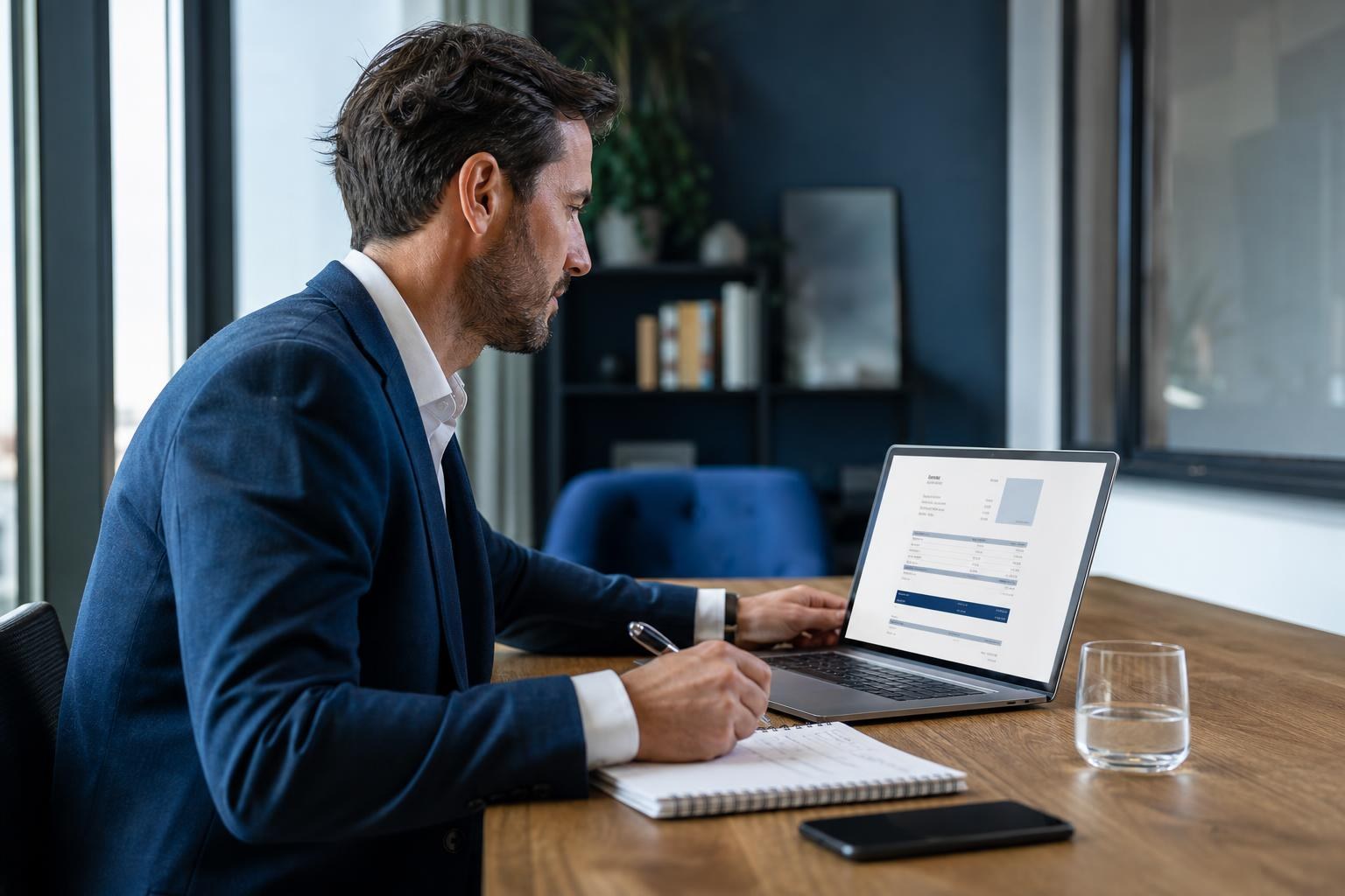 Uomo consulta un preventivo sul laptop e prende appunti accanto a smartphone e bicchiere d'acqua