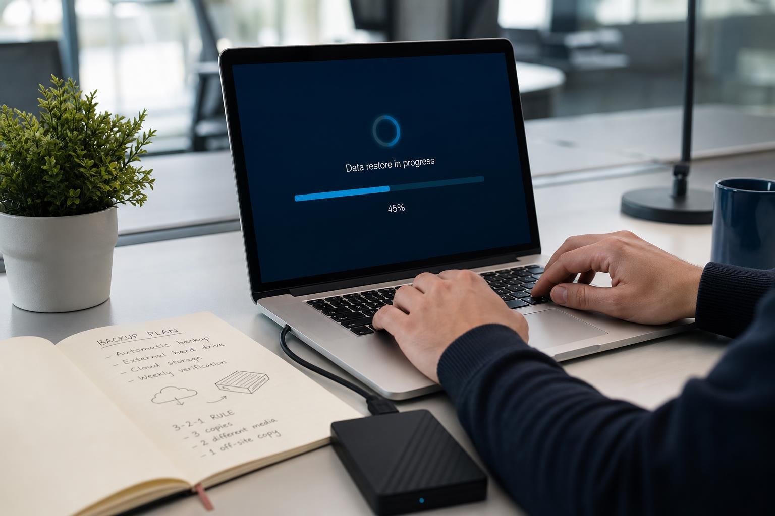Scrivania moderna con portatile, barra di ripristino dati sullo schermo, hard disk collegato, mani al computer e quaderno degli appunti backup aperto