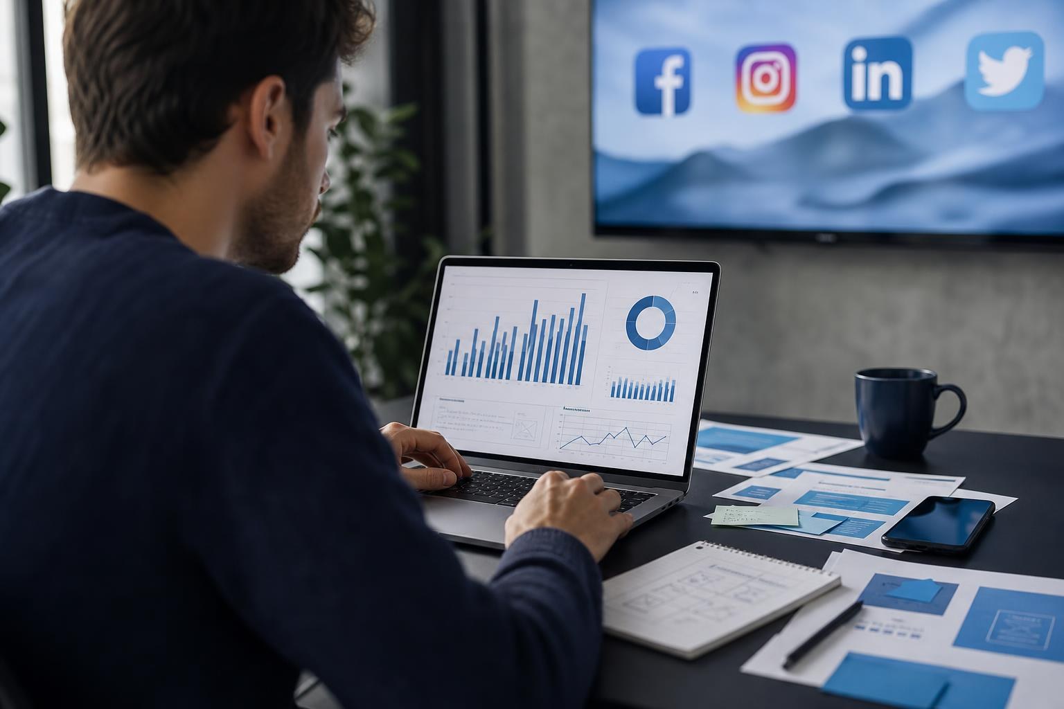 Scrivania moderna di un ufficio con una persona che consulta dati analitici, materiali di una campagna e icone social su uno schermo.