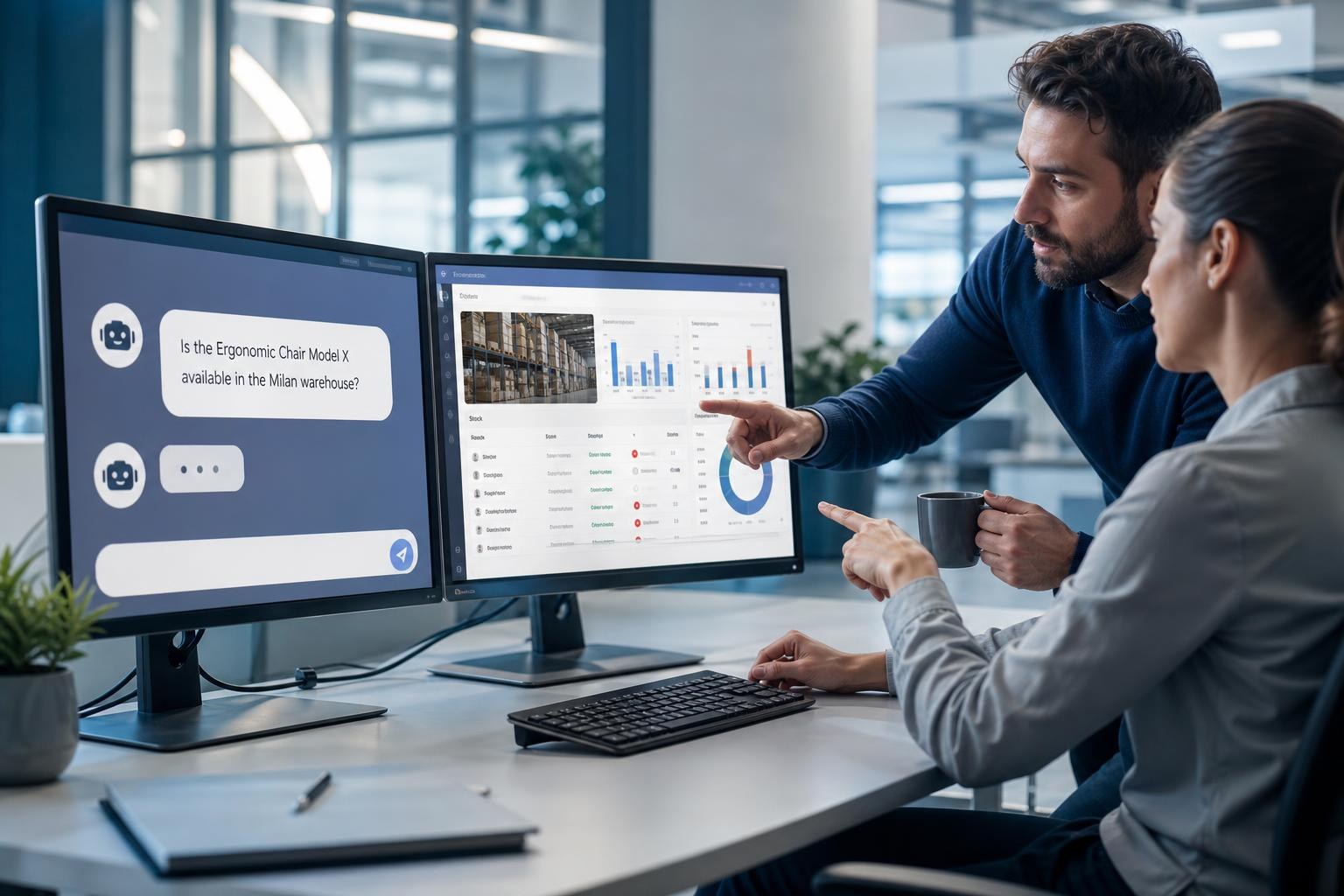 scrivania da ufficio moderna con due monitor, uno con chat AI per disponibilità prodotto, l'altro dashboard magazzino, due persone discutono con attenzione le informazioni a schermo