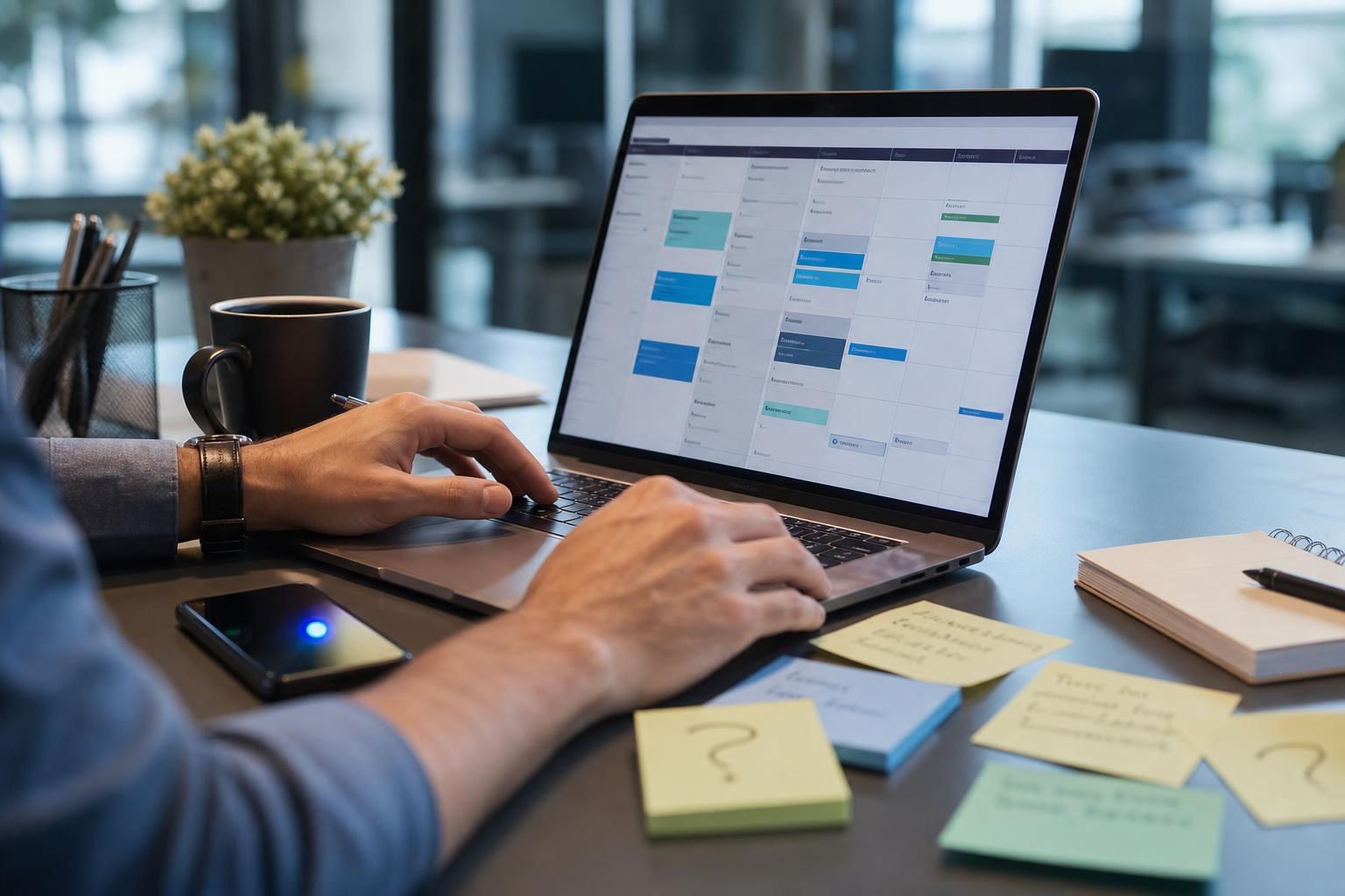 Scrivania moderna con laptop su calendario editoriale, post-it con idee e domande, smartphone con notifica, mano che aggiorna un contenuto e tazza di caffè