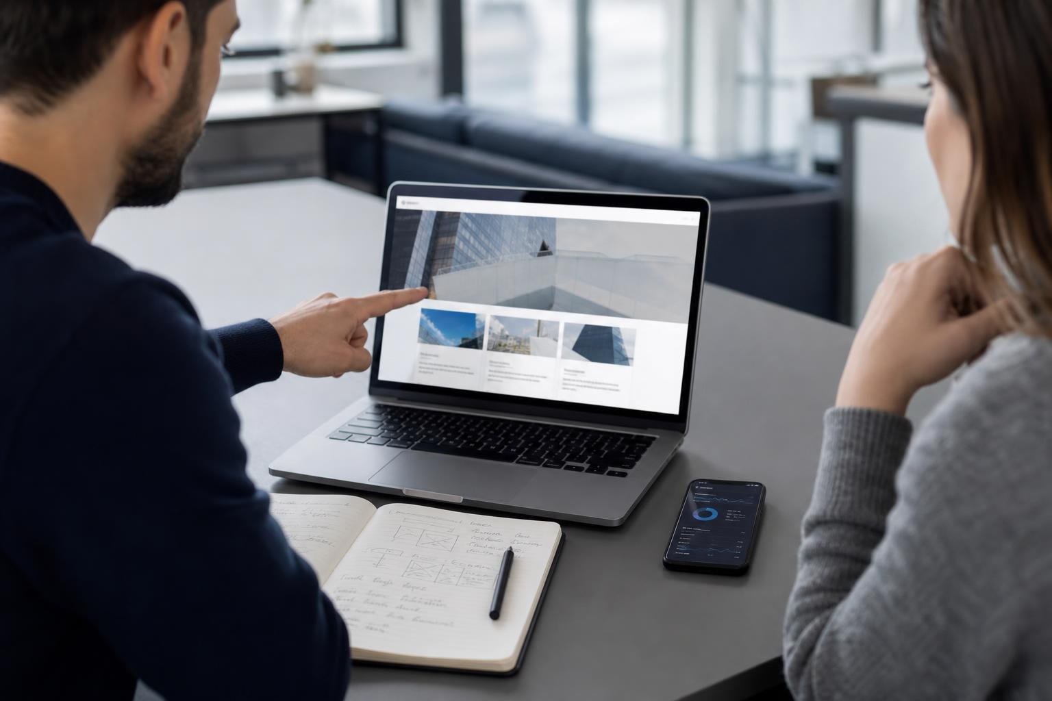 Due persone sedute a un tavolo da ufficio discutono davanti a un laptop con aperto un sito aziendale, un blocco note e uno smartphone con statistiche.