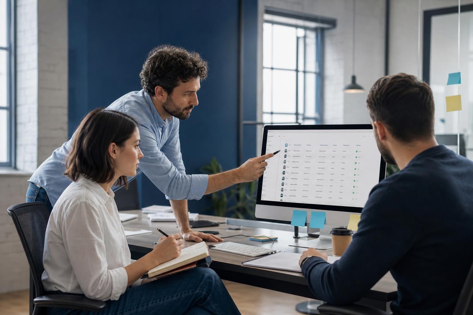 Tre persone lavorano insieme davanti a un monitor in ufficio, esaminando una lista di utenti; uno prende appunti e sul tavolo ci sono post-it e una tazza di caffè.
