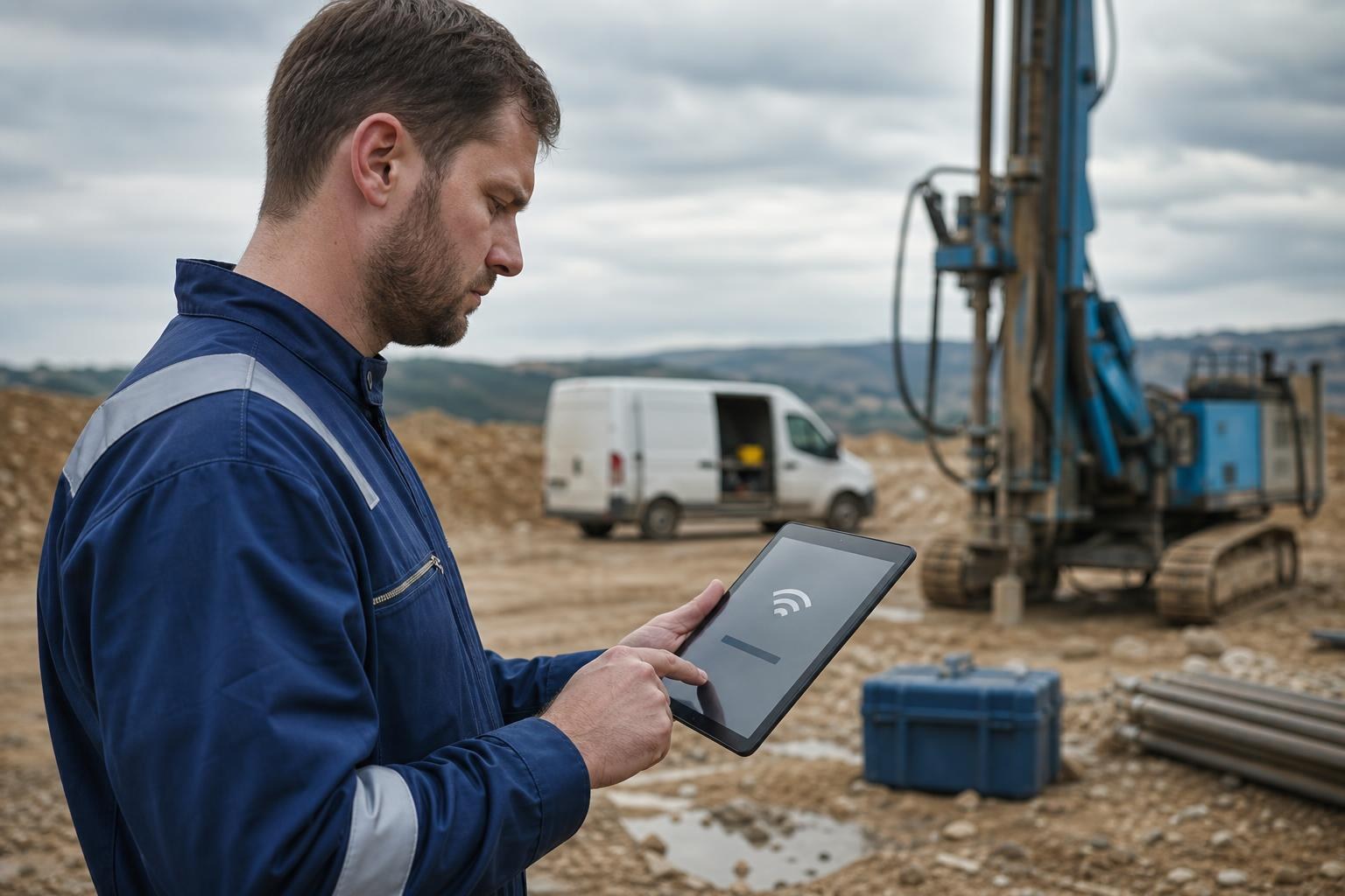 Tecnico in tuta da lavoro usa un tablet in un cantiere con macchinari e furgone, app bloccata dalla mancanza di connessione