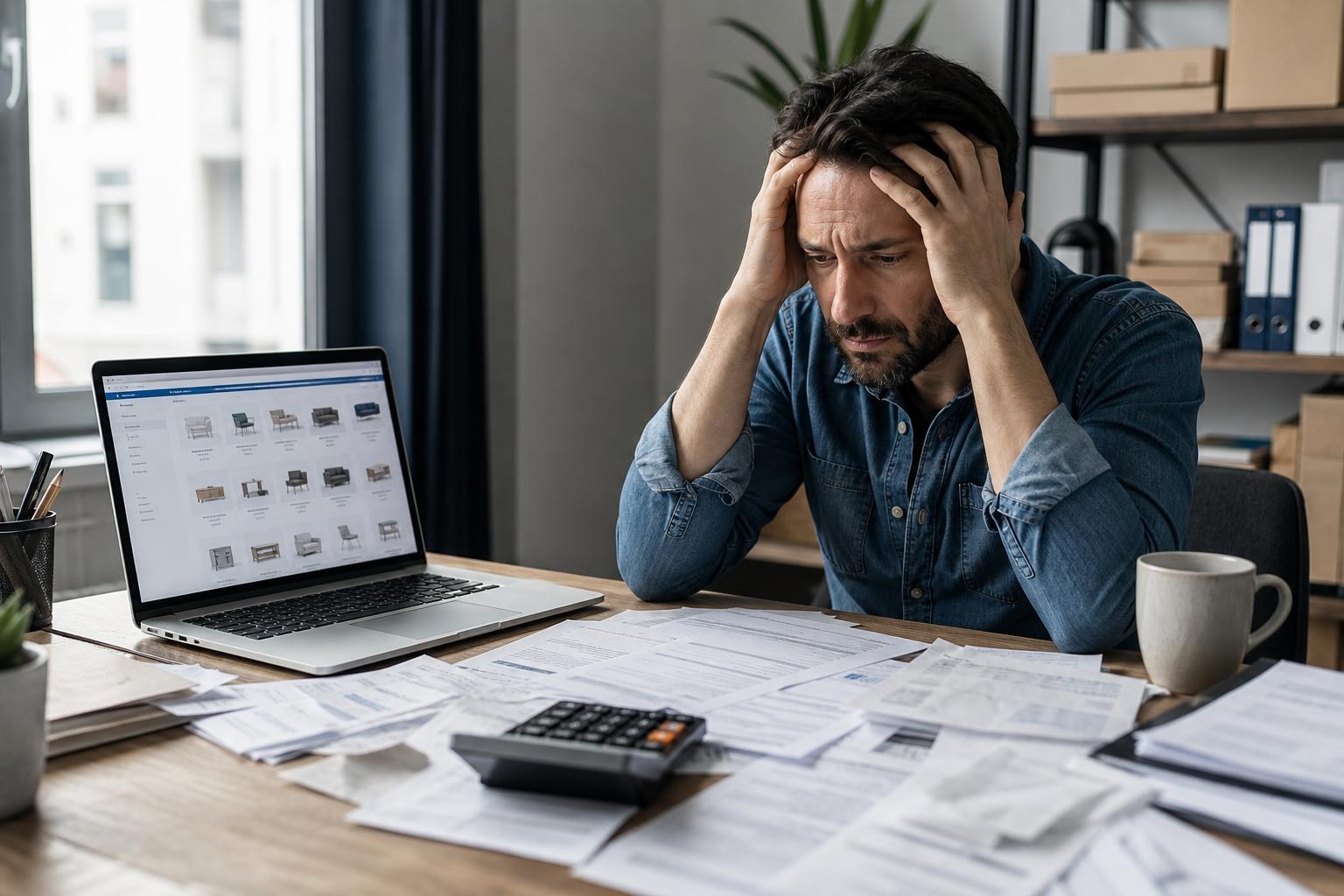 Titolare di una piccola attività davanti al laptop con calcolatrice, fatture sparse, tazza e documenti sul tavolo, espressione preoccupata per costi e burocrazia.