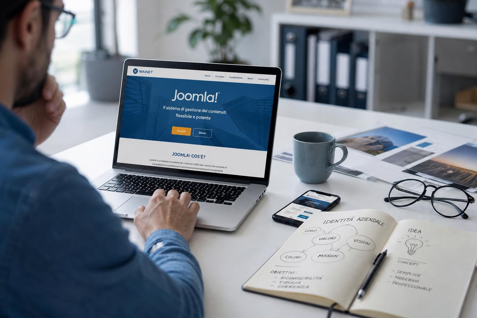 Persona in ufficio lavora al computer sulla homepage Joomla con foto, appunti scritti, caffè e smartphone sul tavolo.