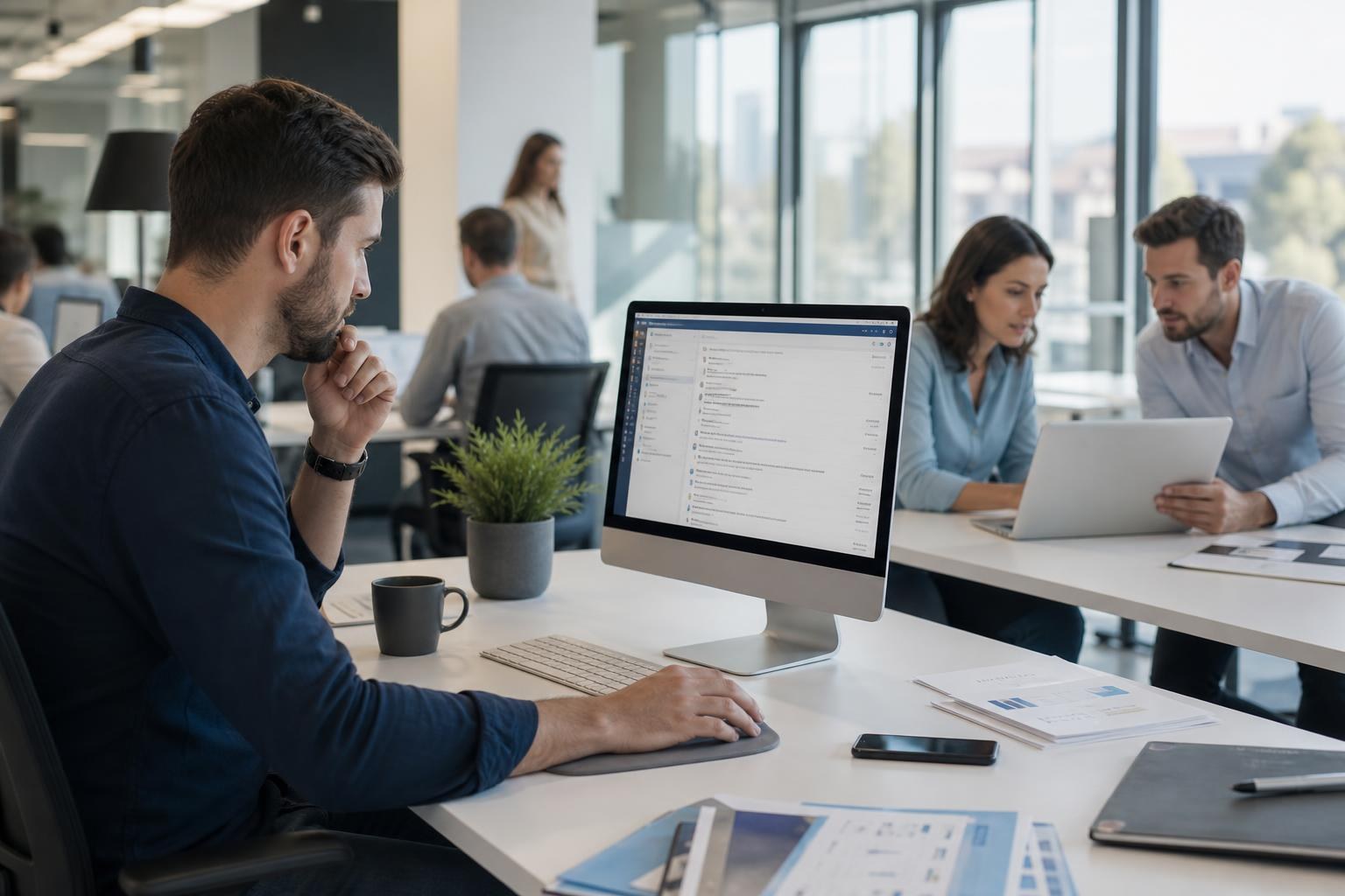 Persona al computer in un ufficio moderno, esita prima di cliccare su una email mentre due colleghi parlano guardando un laptop a poca distanza.