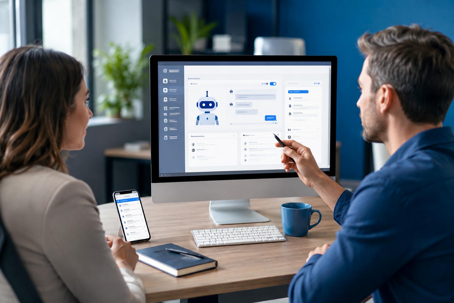 Due colleghi osservano l'interfaccia di un chatbot sul monitor, con smartphone