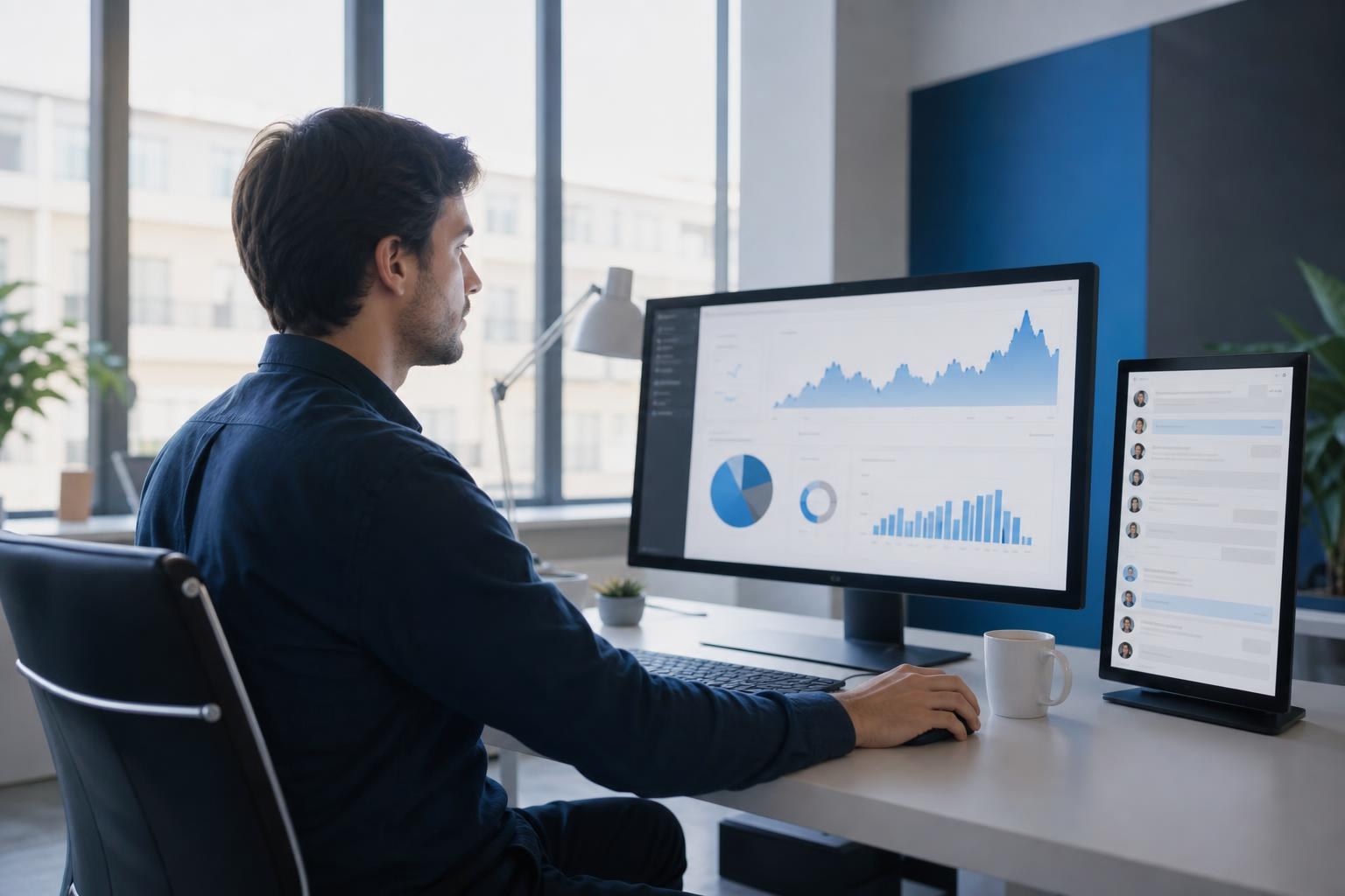 Persona in ufficio moderno osserva dati di traffico su computer, accanto a notifiche di messaggi in arrivo, con luce naturale da grandi finestre.