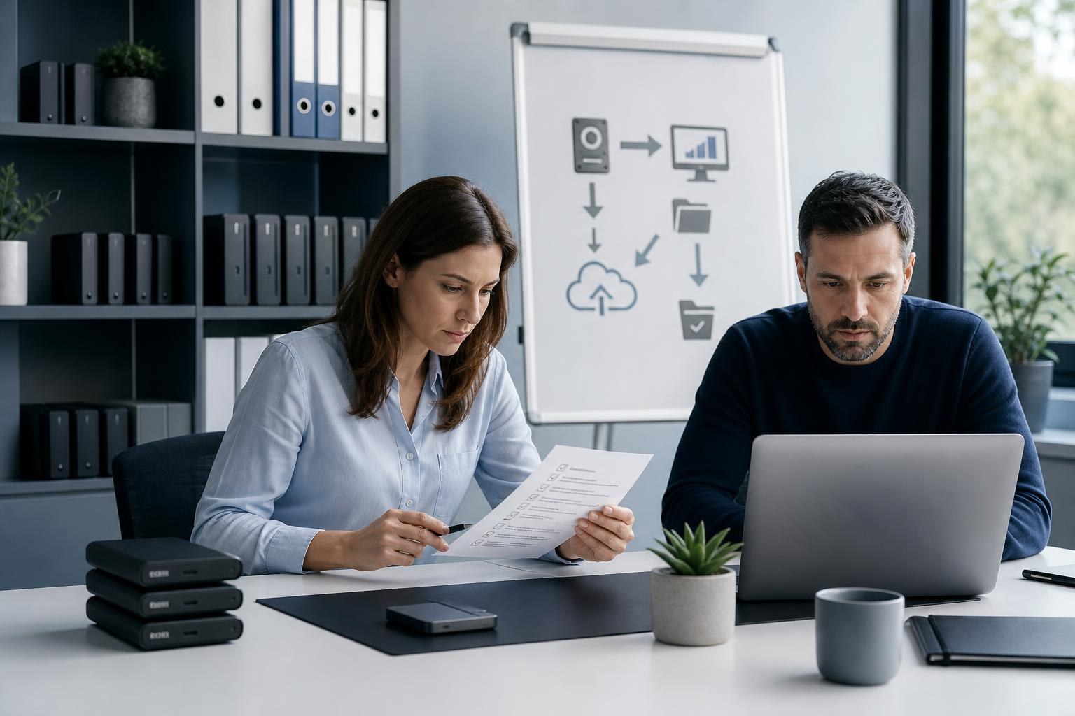 Due professionisti in ufficio: uno con laptop, uno con checklist, cartelle di backup e schema di ripristino in vista