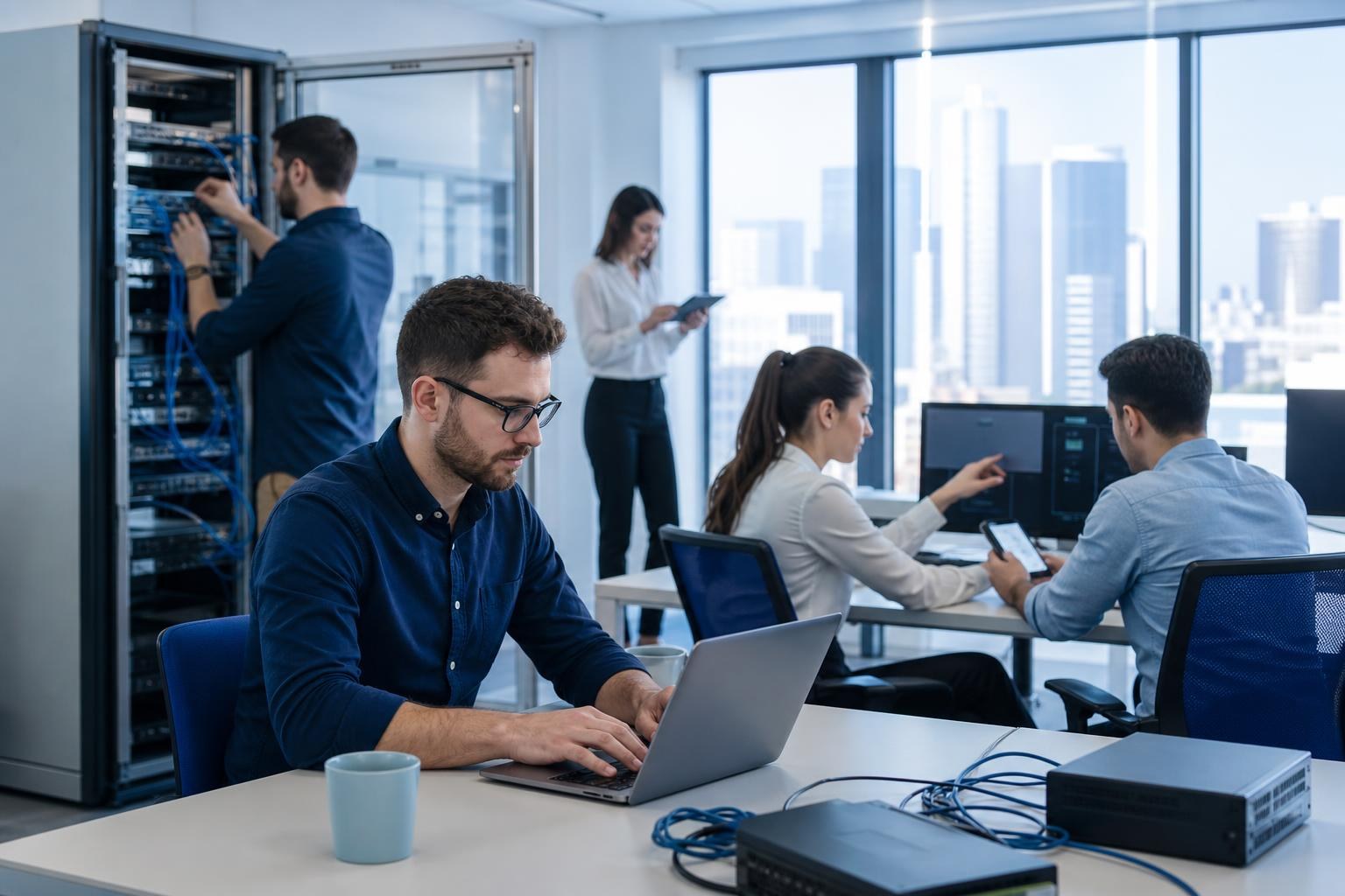Persone al lavoro in un ufficio moderno con laptop, smartphone e dispositivi di rete, grandi finestre e vista sulla città.