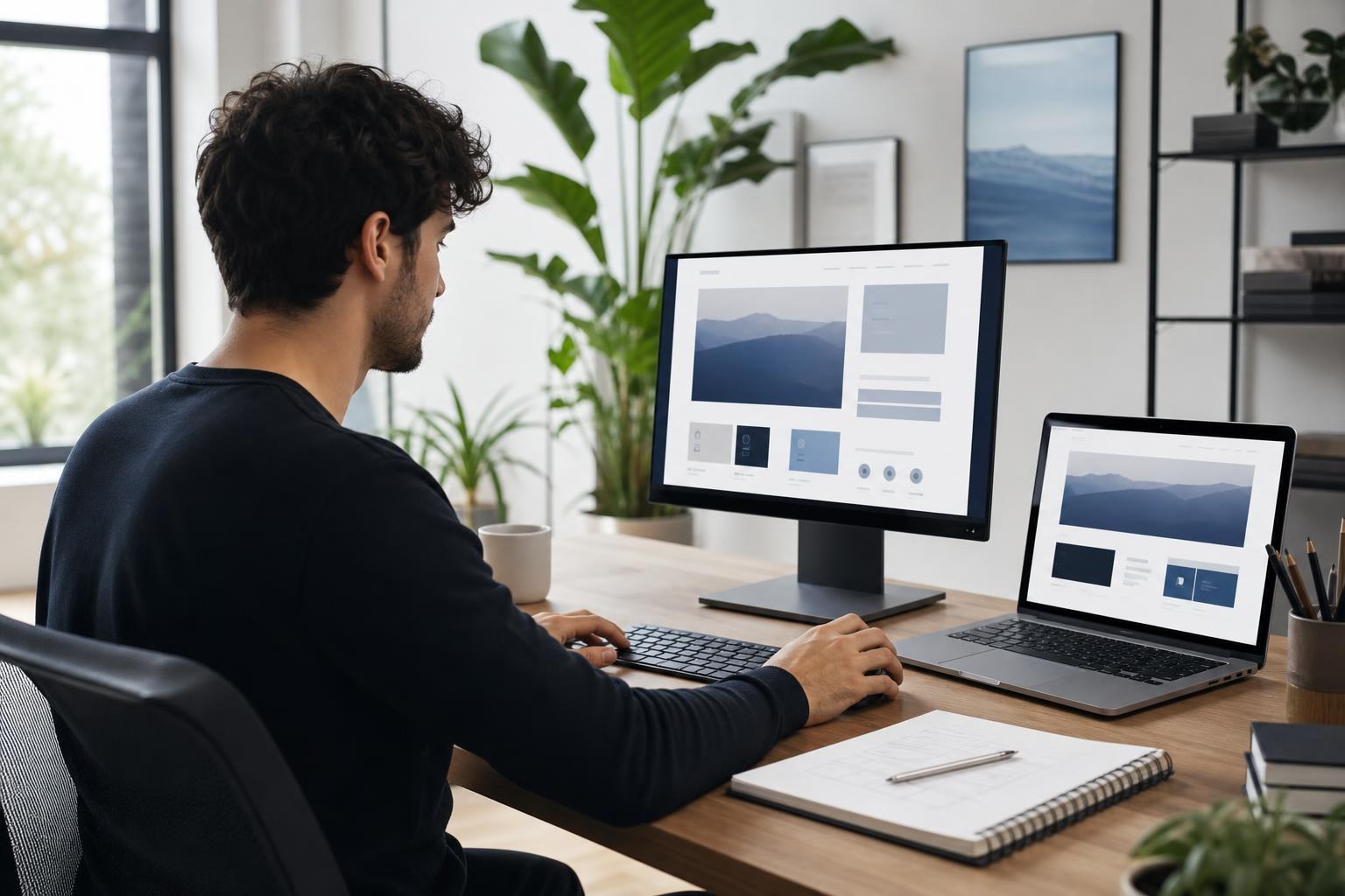 Un web designer lavora alla bozza di un sito monopagina su un monitor, in uno studio moderno e luminoso