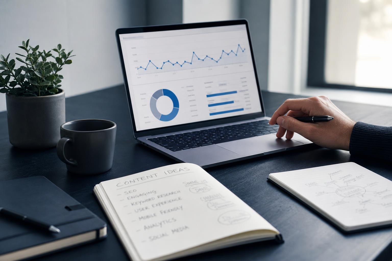 Workspace ordinato con laptop, mano che tiene una penna ed elementi per prendere appunti