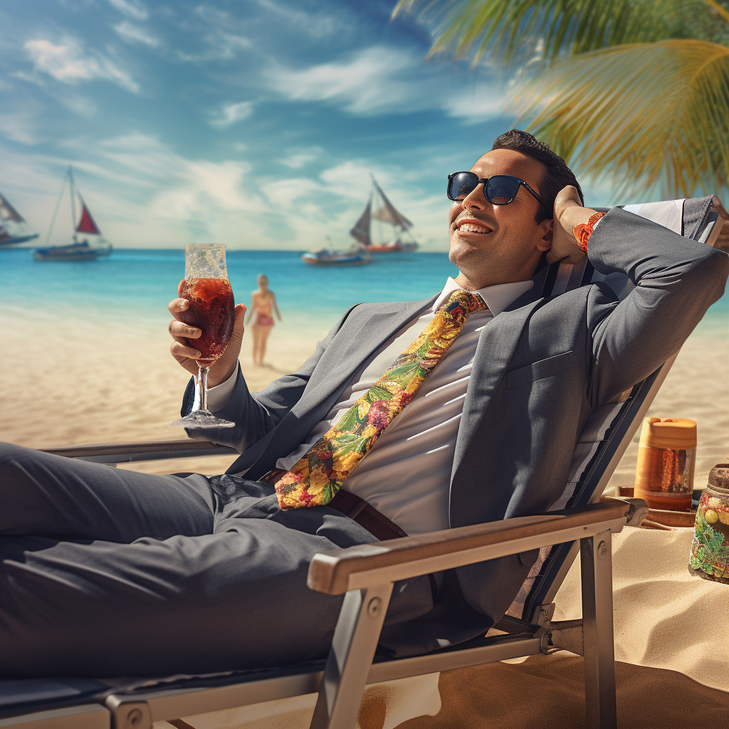 Consulente in giacca e cravatta con un cocktail su una spiaggia caraibica