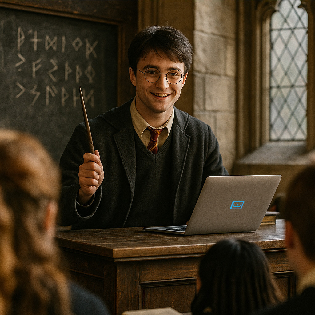 Harry Potter con bacchetta magica in mano mentre sorride in una riunione con i colleghi in ufficio