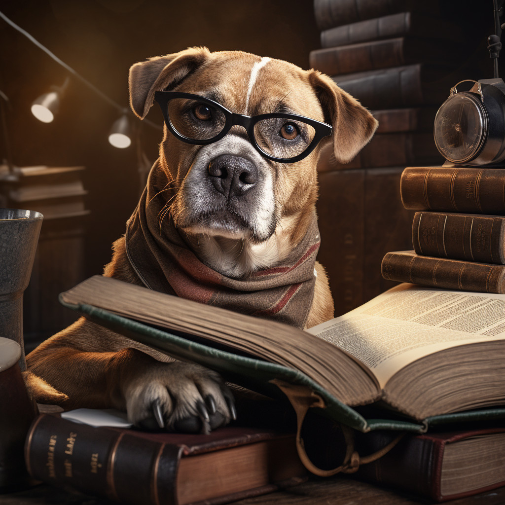 Cane con occhiali neri e foulard mentre legge dei libri sulla scrivania