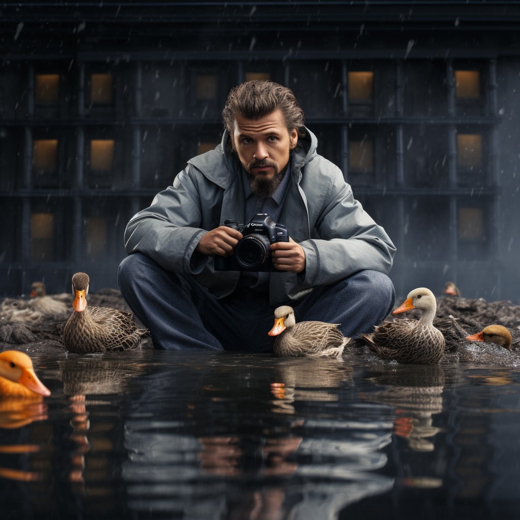 Fotografo durante servizio fotografico con in piedi nell'acqua in uno stagno con le anatre