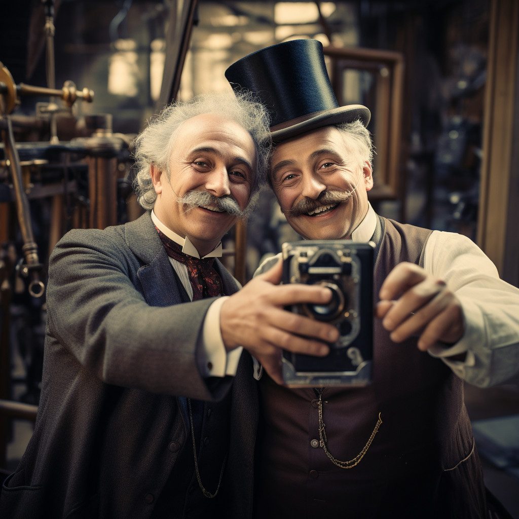 Fratelli Lumiere mentre si fanno un selfie con uno smartphone creato da loro e stile delll'epoca